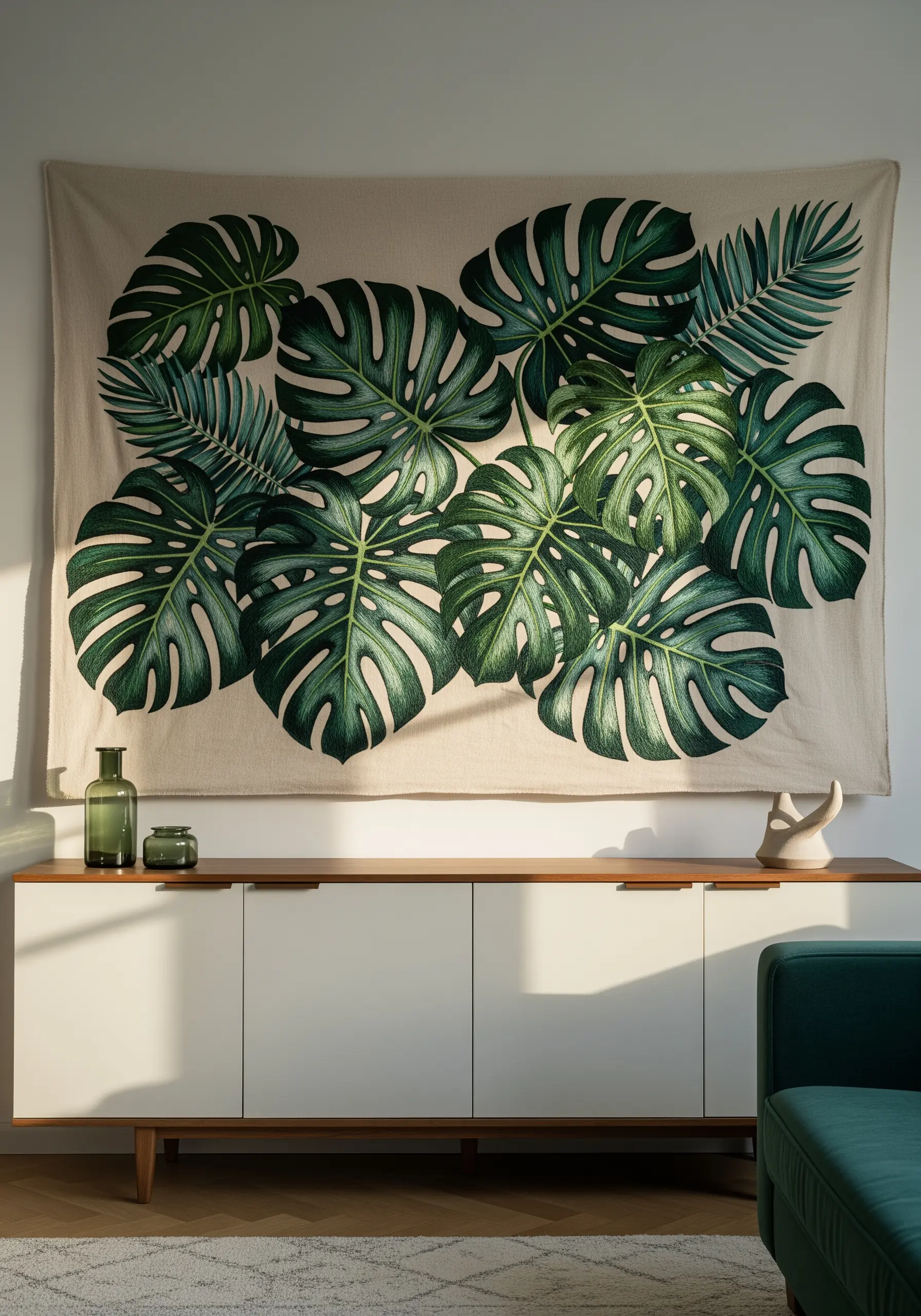 Large embroidered wall tapestry of green Monstera leaves.