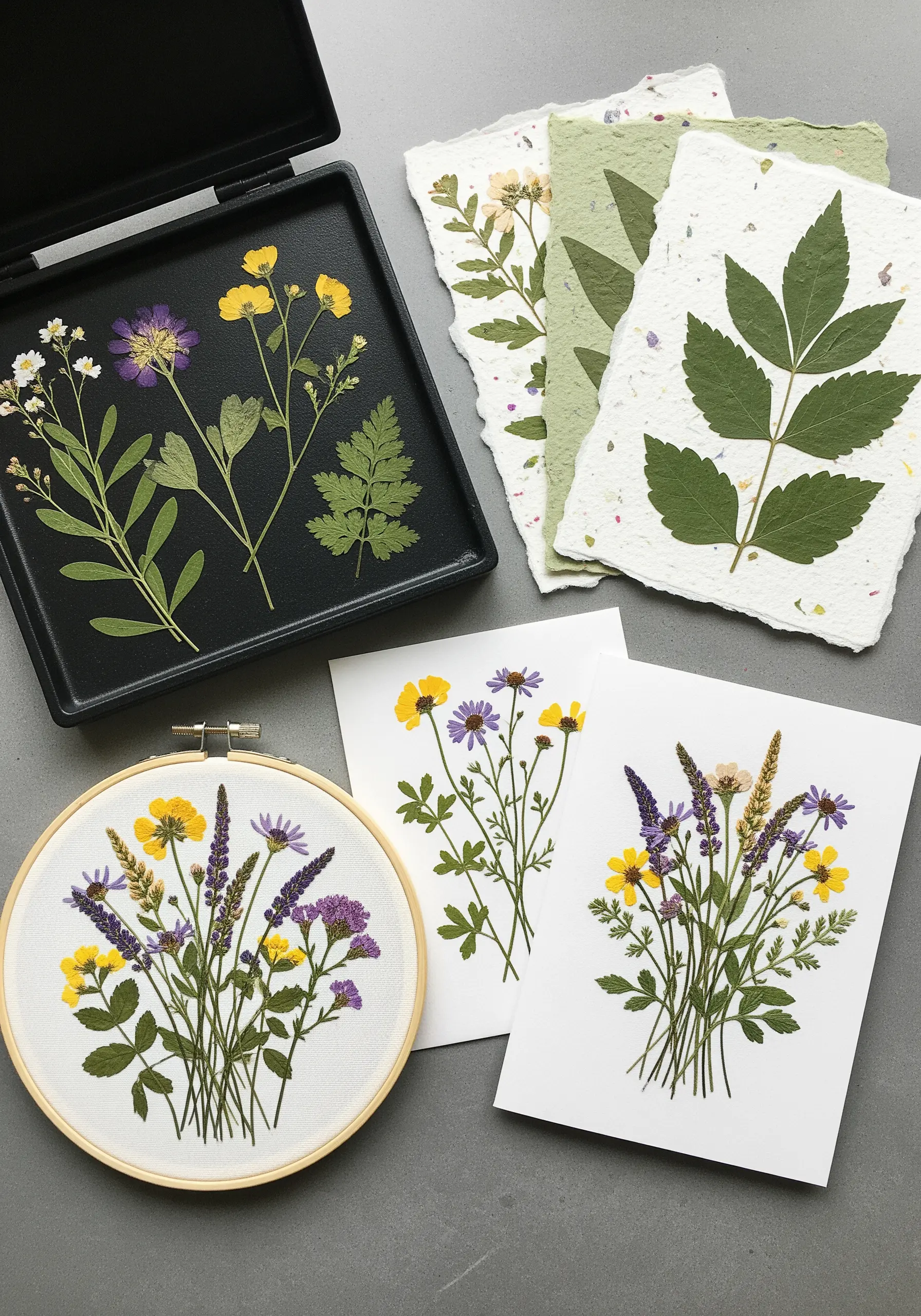 Hoop embroidery with real pressed flowers next to cards with matching botanical specimens.