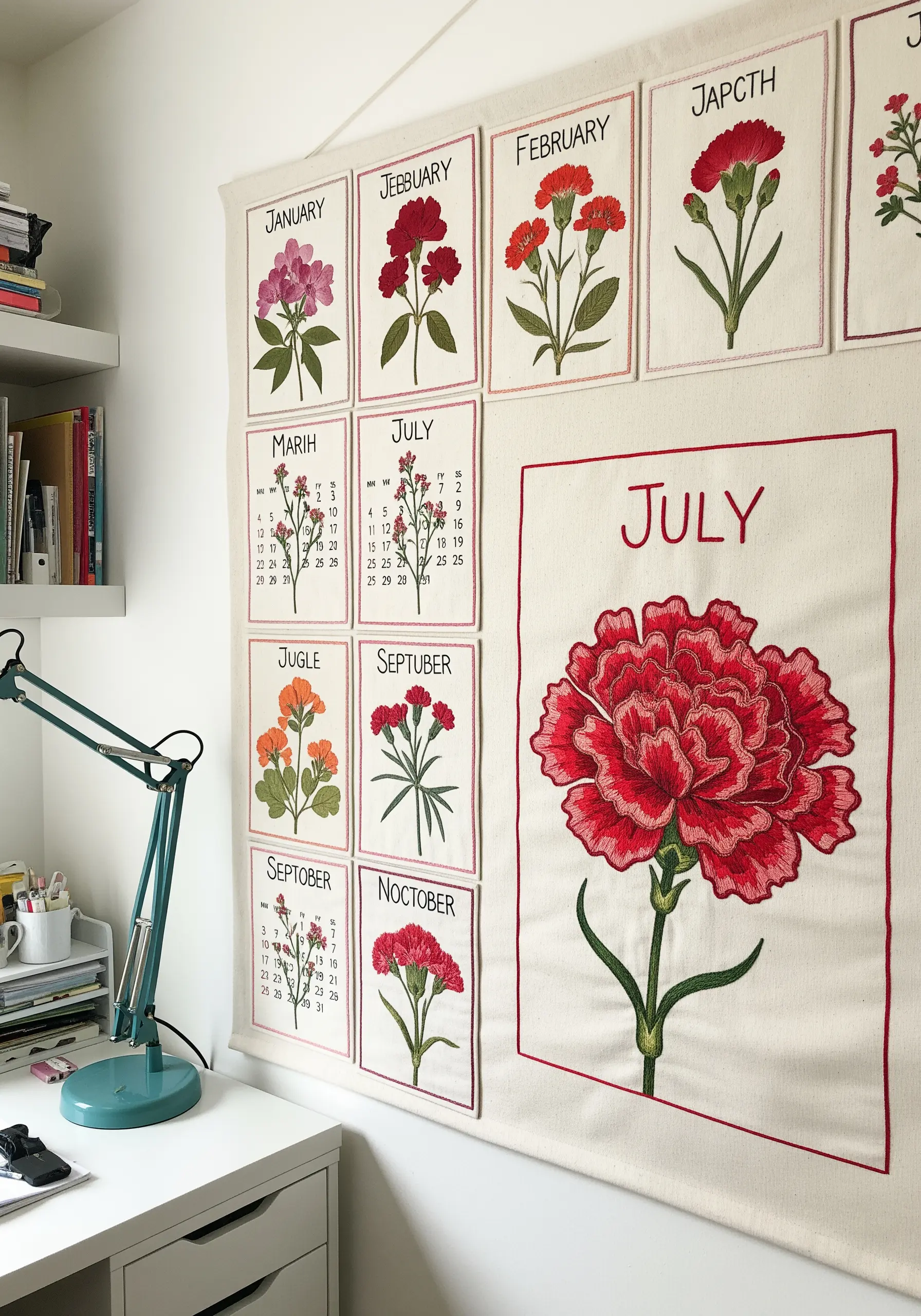 A wall display of embroidered calendar panels, each featuring a different month and flower.
