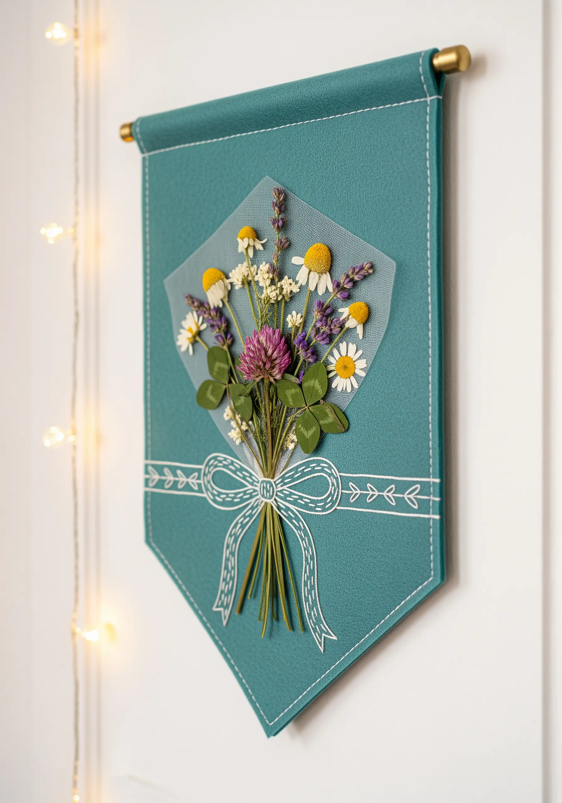 A pressed flower bouquet on a teal banner, overlaid with sheer tulle and a stitched white bow.