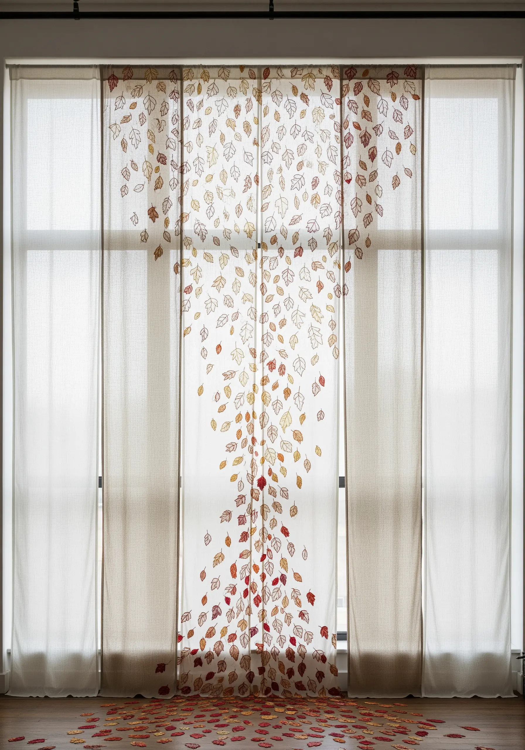 Sheer white curtains with a cascade of embroidered autumn leaves falling from top to bottom.