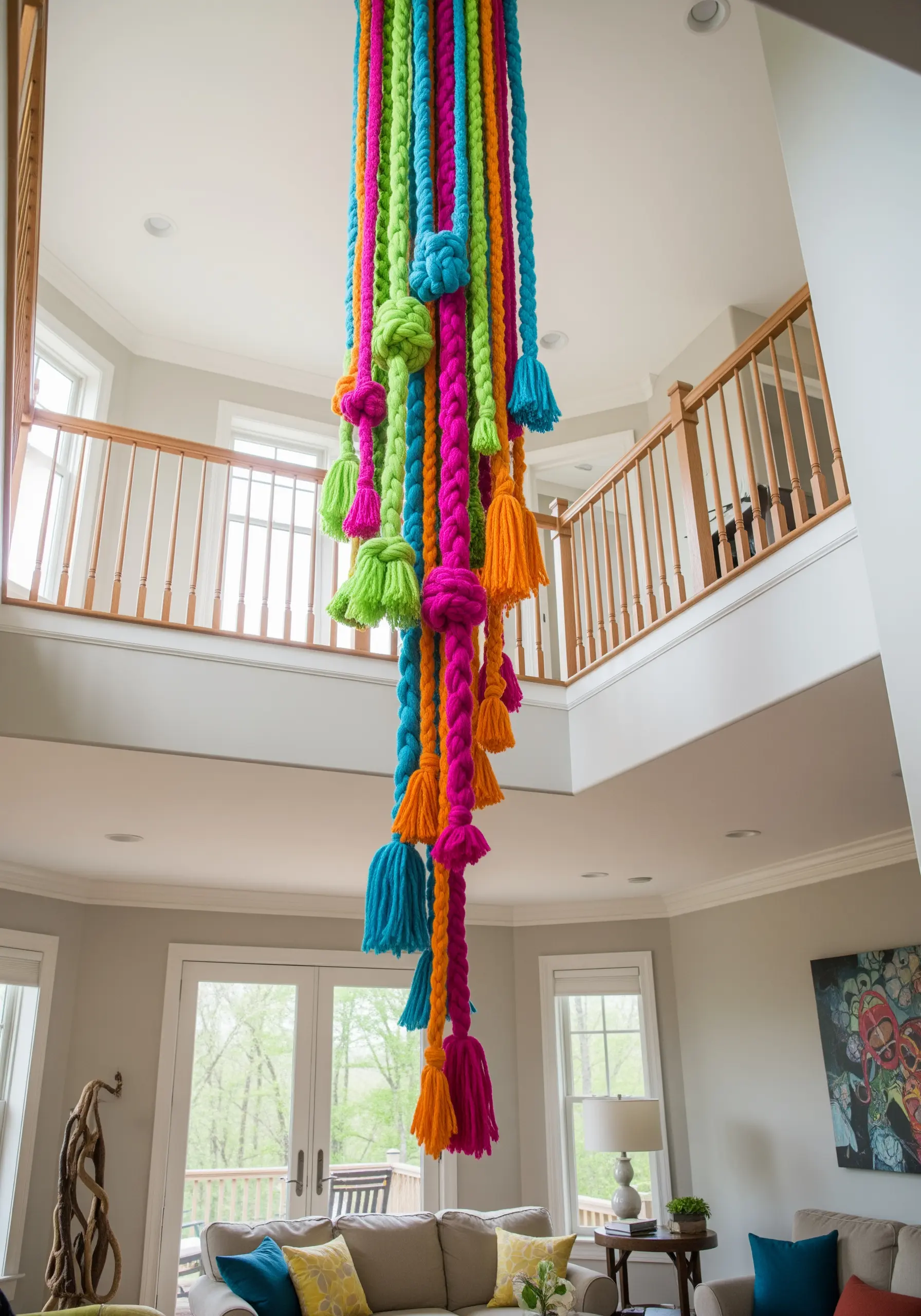 A hanging installation of thick, colorful ropes with large knots and tassels.