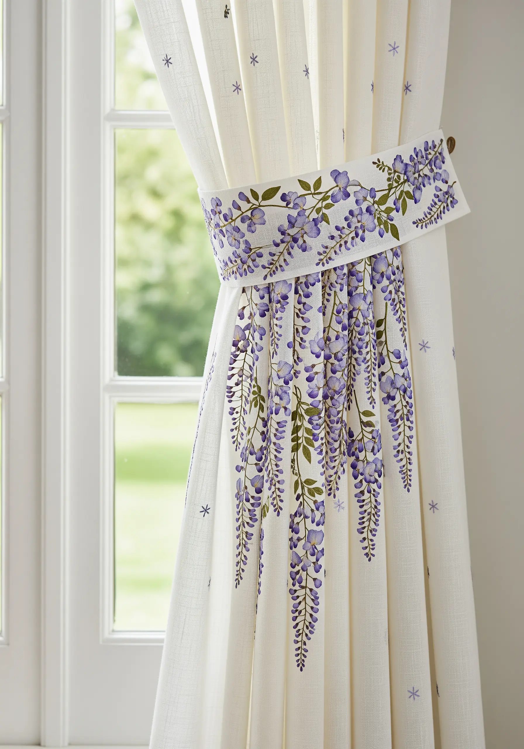 A curtain tie-back embroidered with cascading purple wisteria flowers.