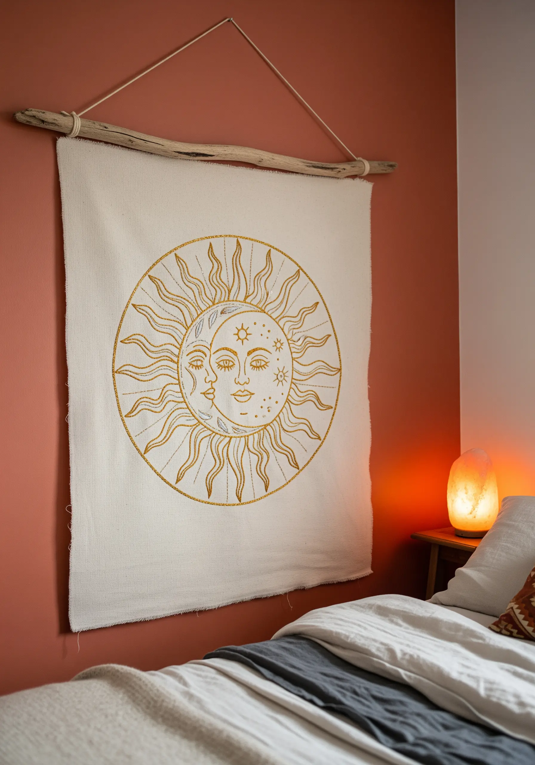 Large celestial sun and moon motif embroidered in gold thread on a canvas wall hanging.