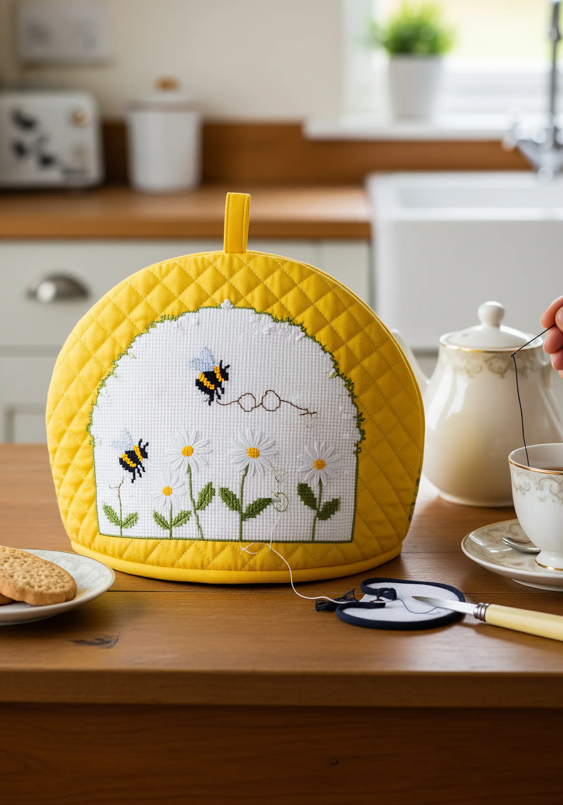 A yellow quilted tea cozy with a cross-stitch panel of bees and daisies, sitting on a kitchen table.