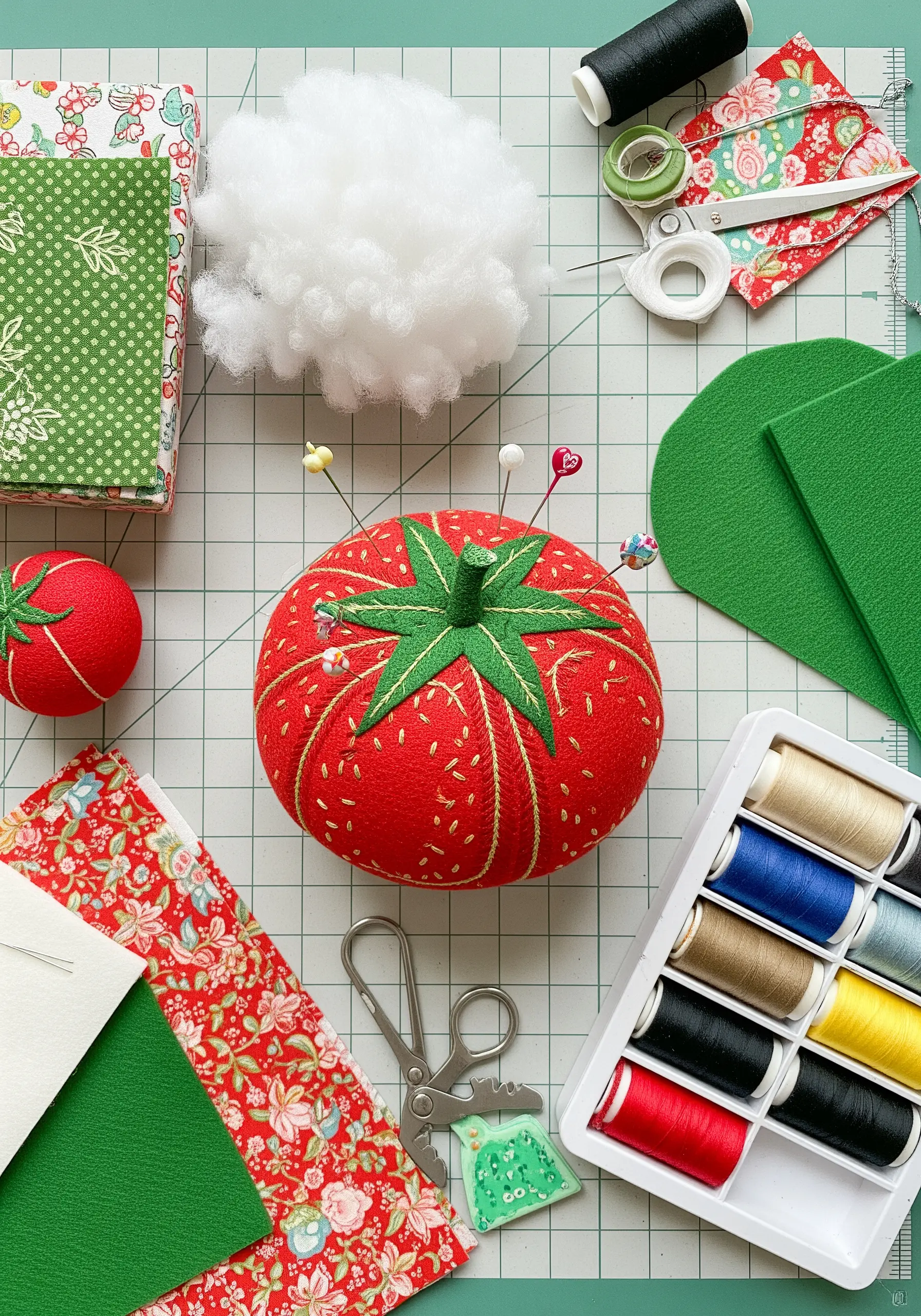 A handmade red tomato-shaped pincushion with embroidered details and colorful pins.