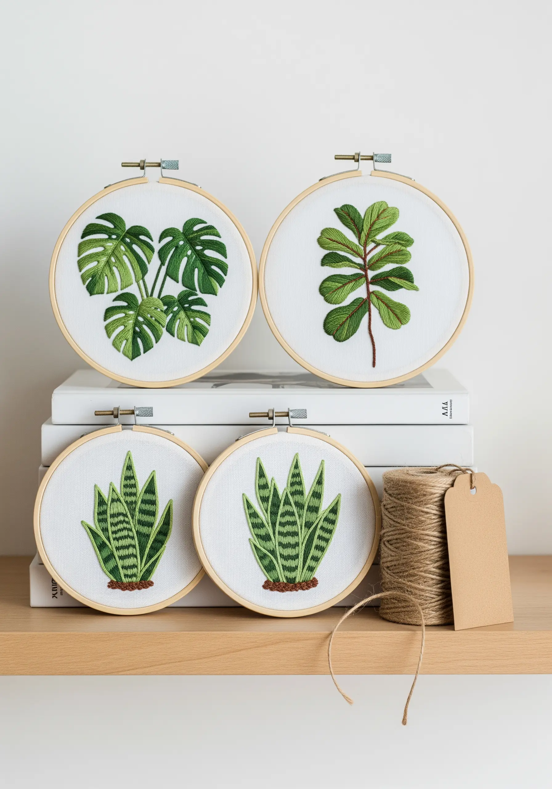 A set of four small embroidery hoops featuring different houseplant leaves.