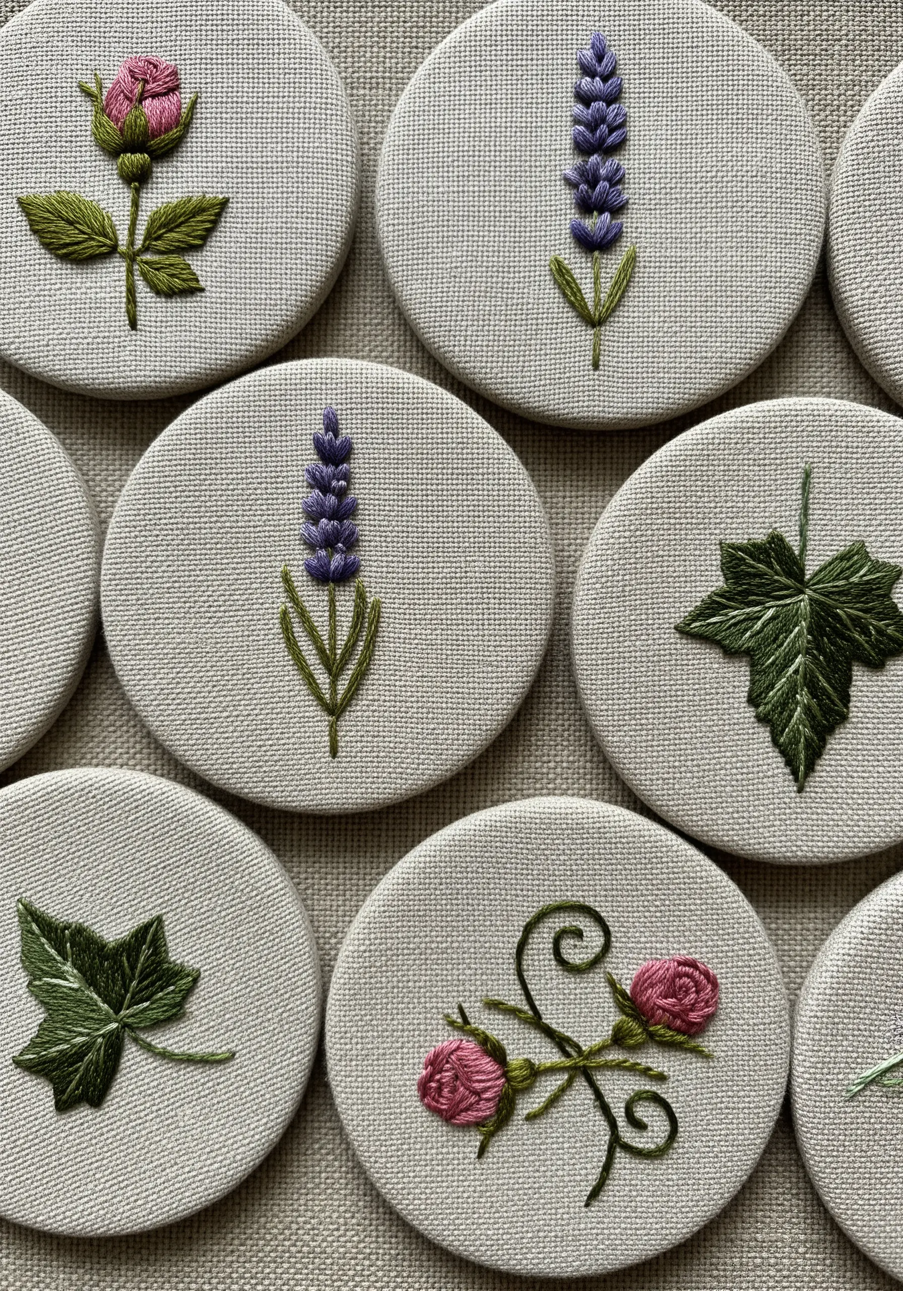 A collection of small circular coasters, each embroidered with a single rose, lavender, or ivy motif.