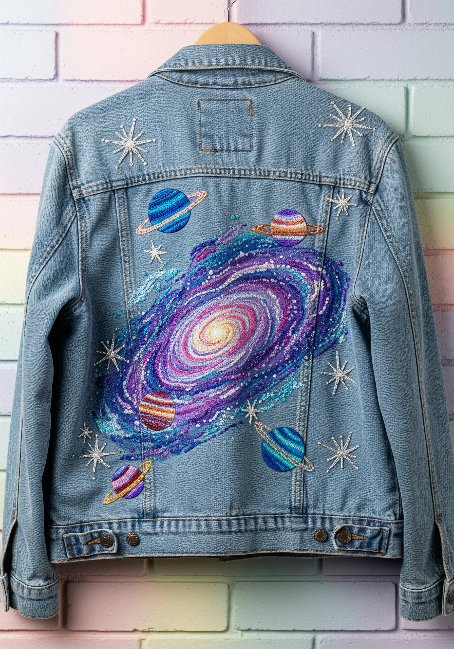Embroidered galaxy with planets and stars on the back of a denim jacket.