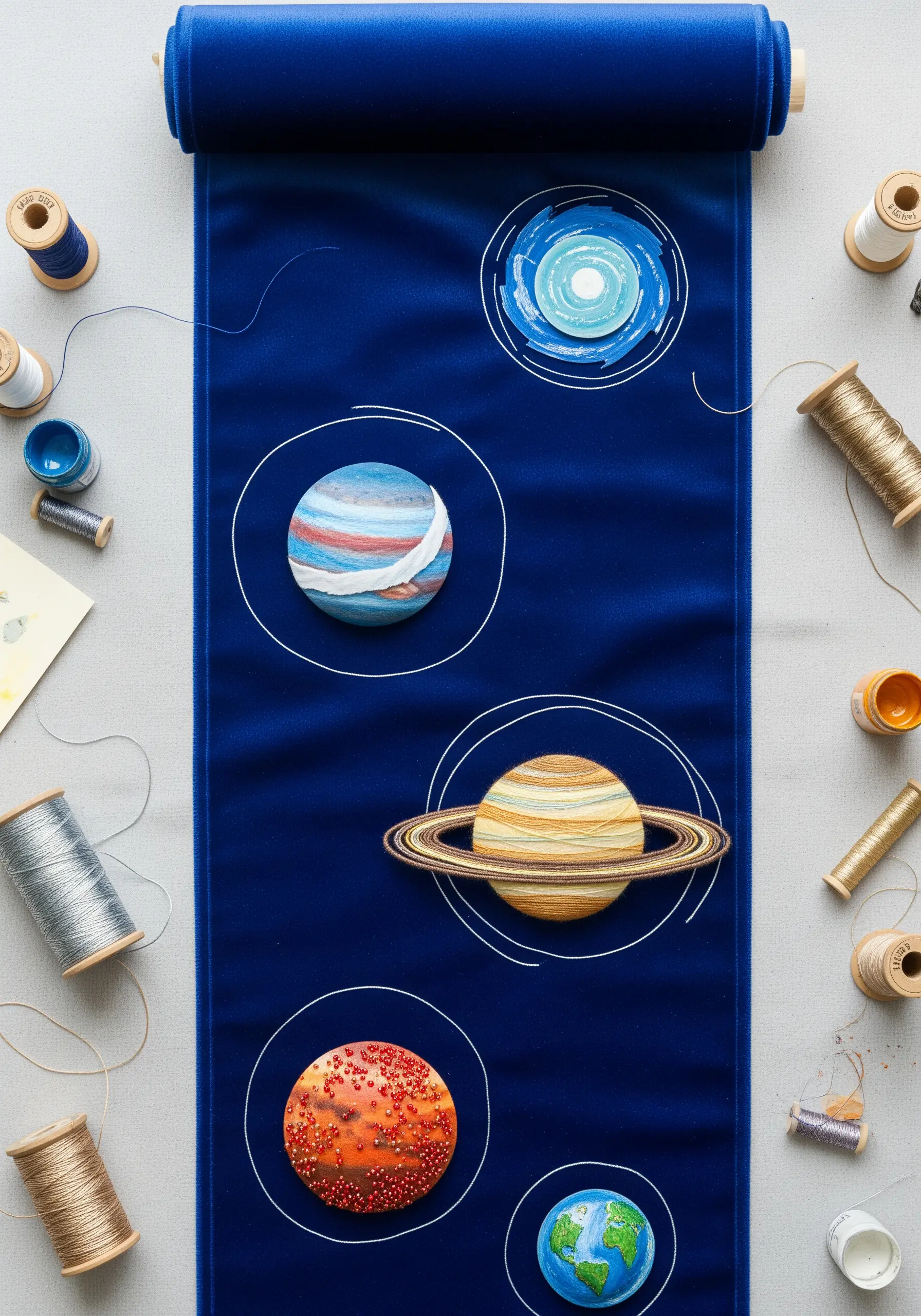 A long velvet wall hanging featuring intricately thread-painted and appliquéd planets of the solar system.