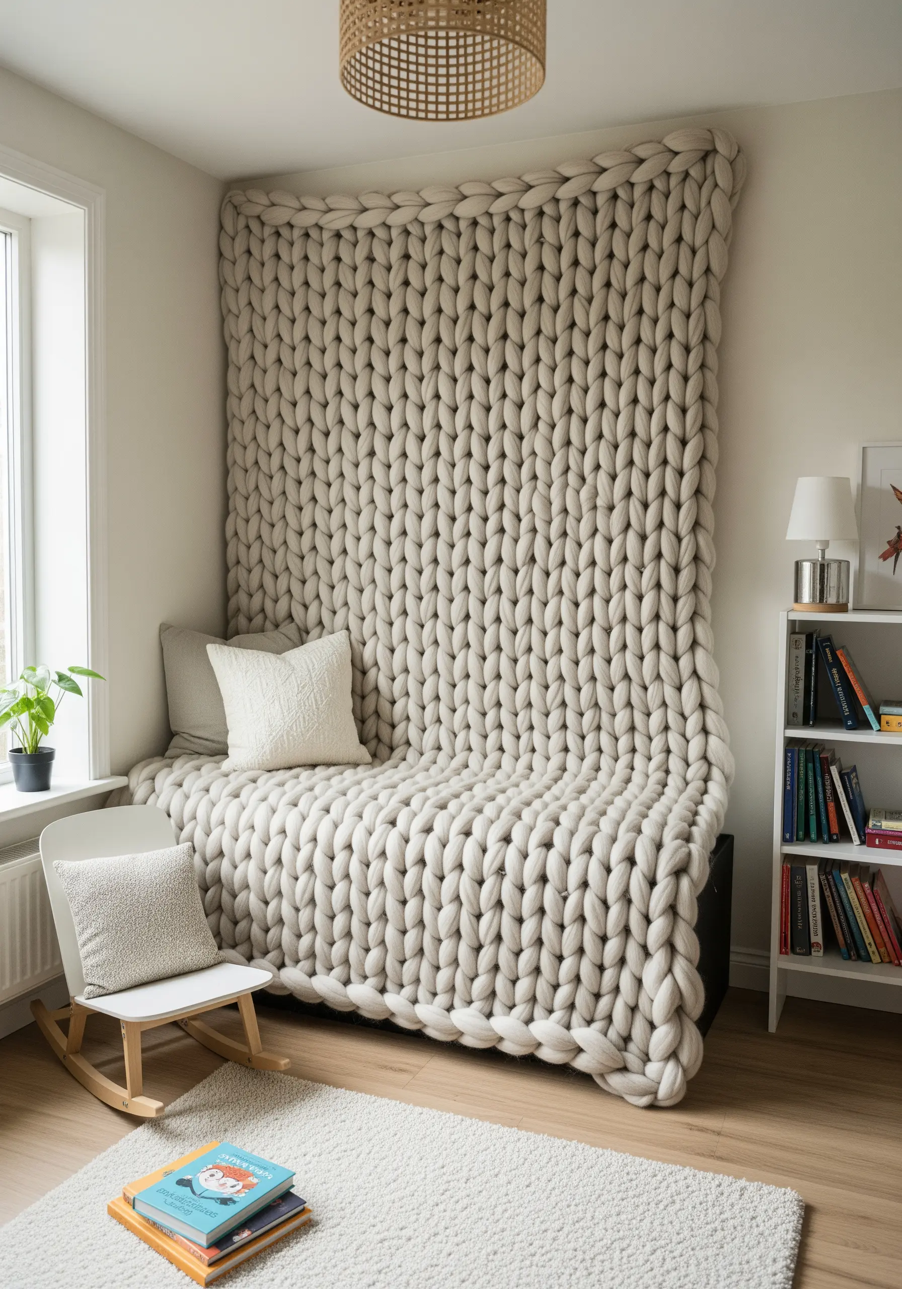 An oversized, chunky-knit wall hanging creating a cozy reading nook in a corner.