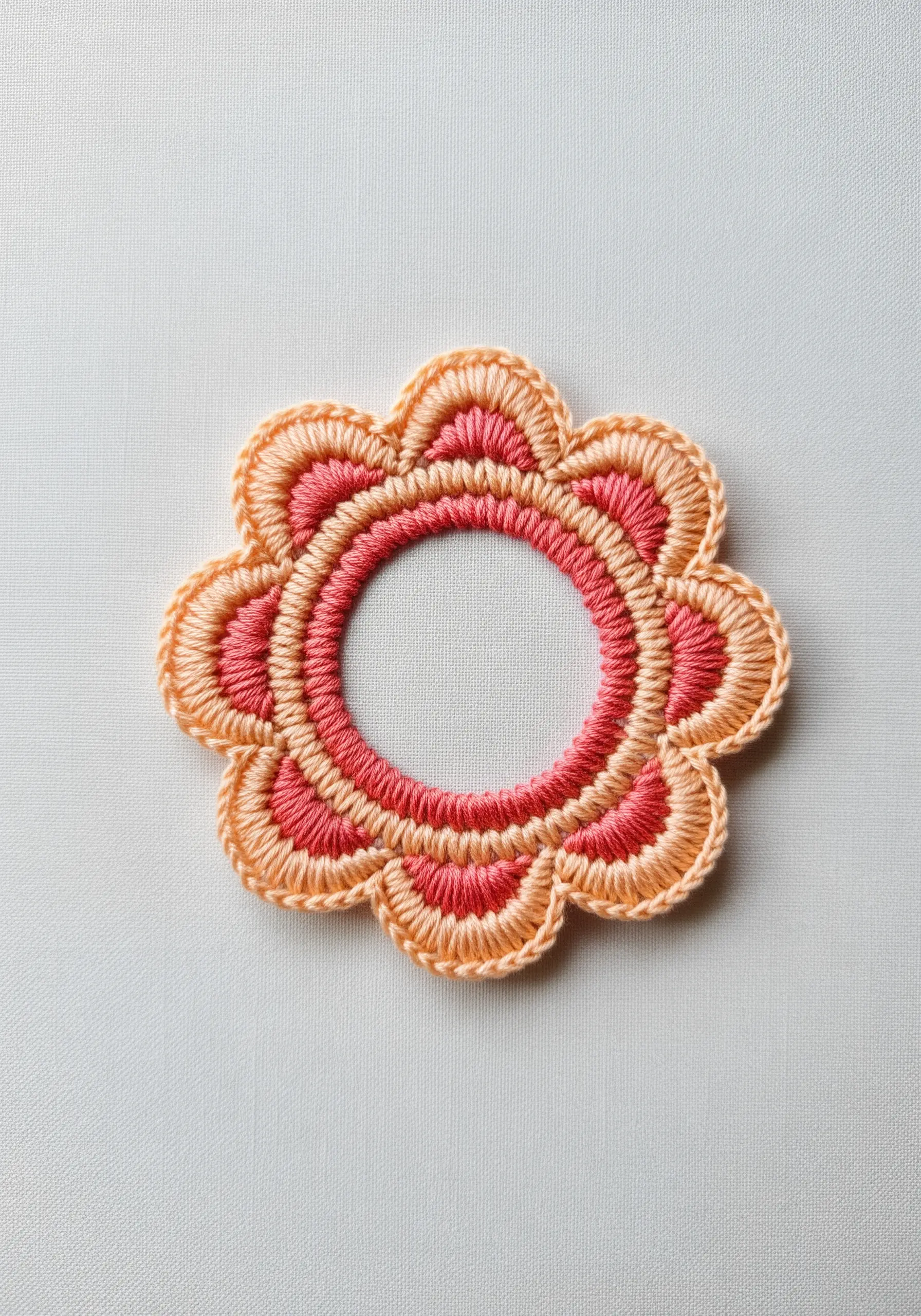 A freestanding embroidered flower with scalloped edges in peach and pink.