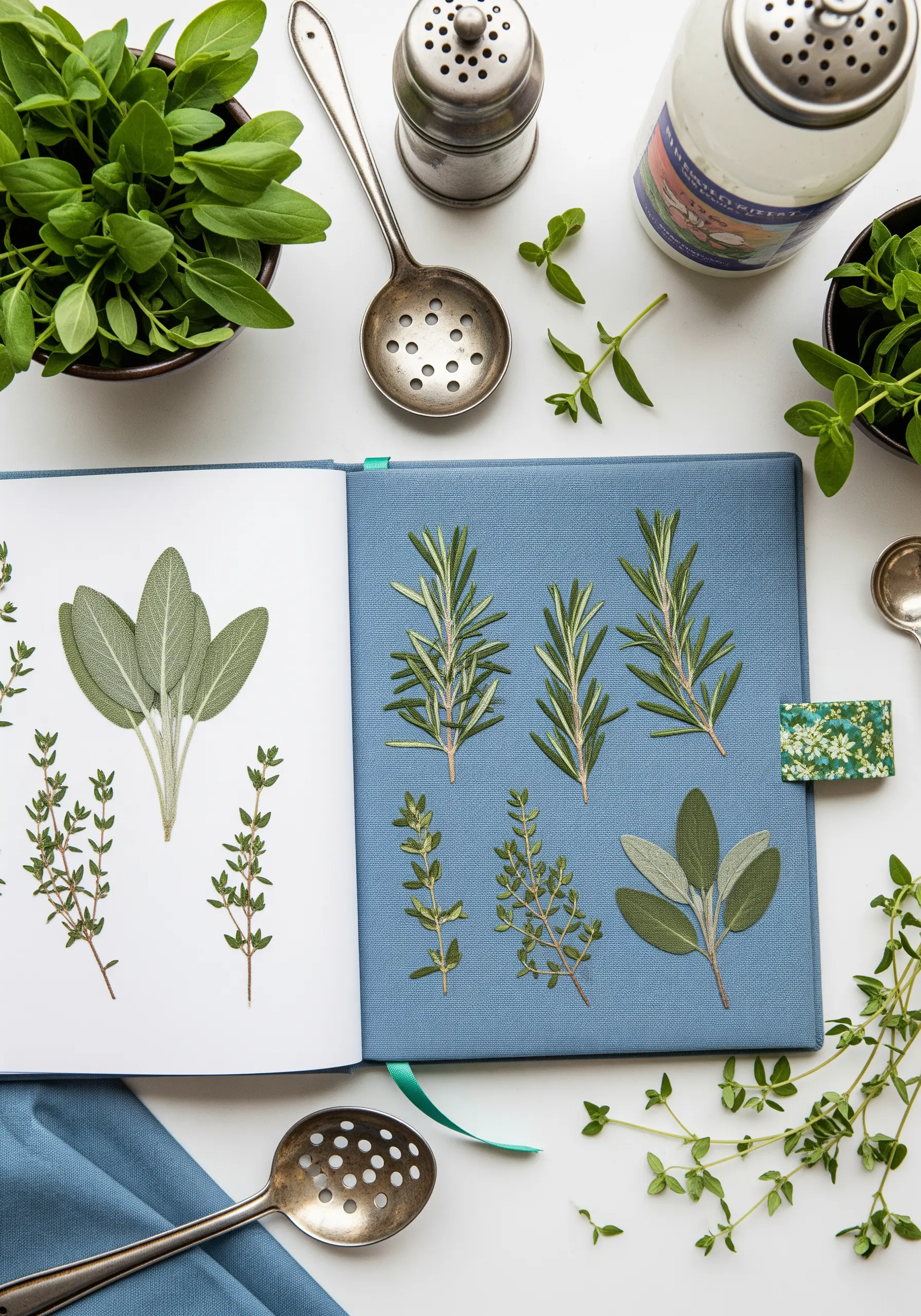 An open journal showing pressed herbs on one page and their embroidered versions on the other.