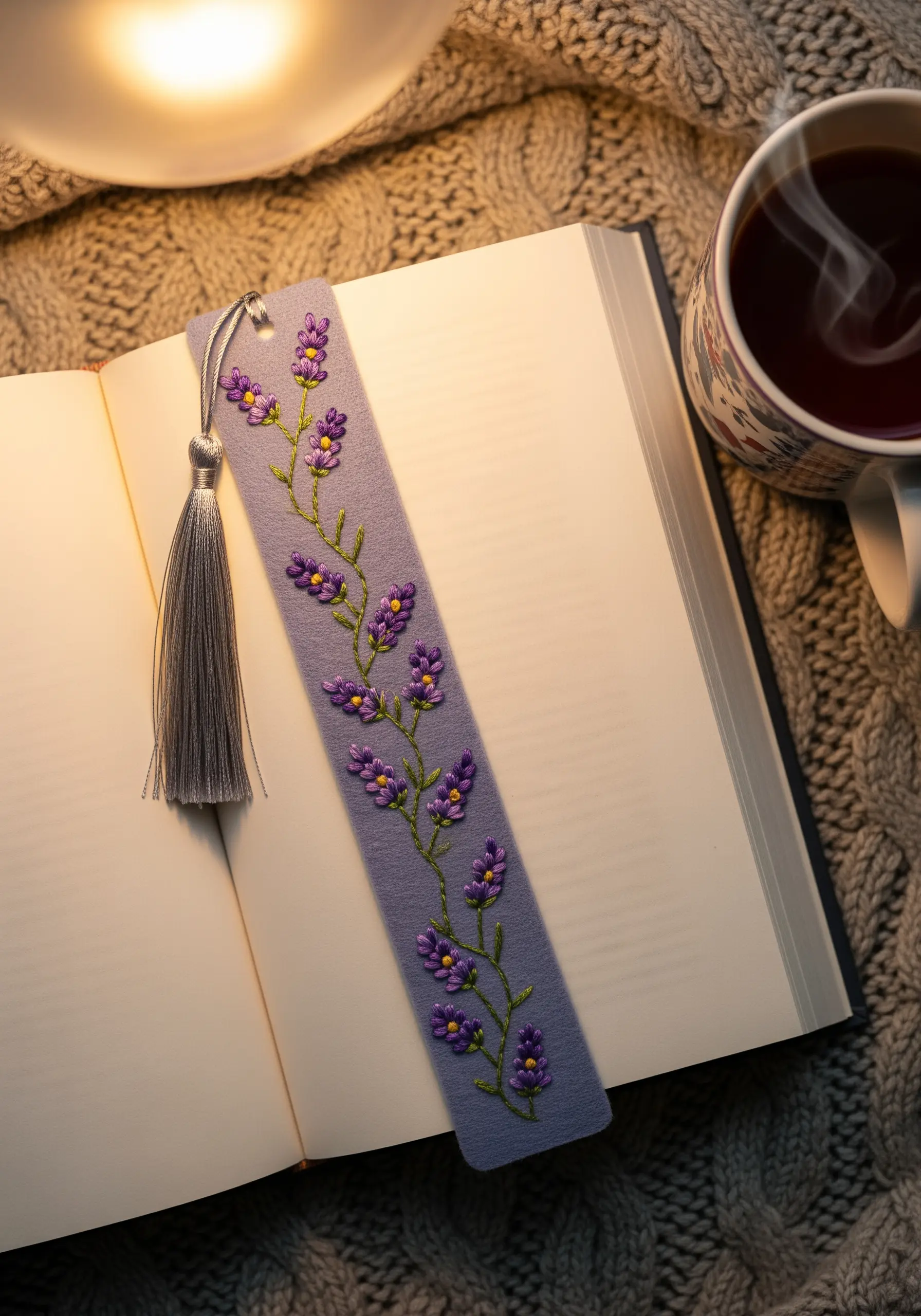 A lavender-colored felt bookmark embroidered with a purple floral vine design.