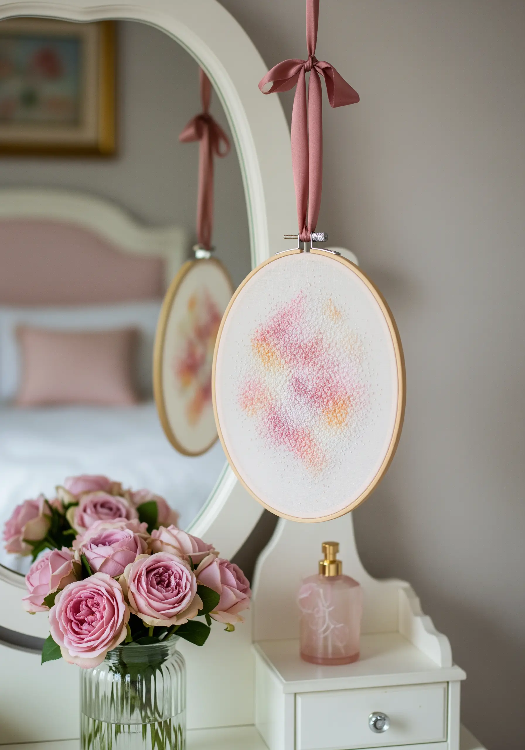 A hoop with a soft, scattered cloud of pink and yellow seed stitches.