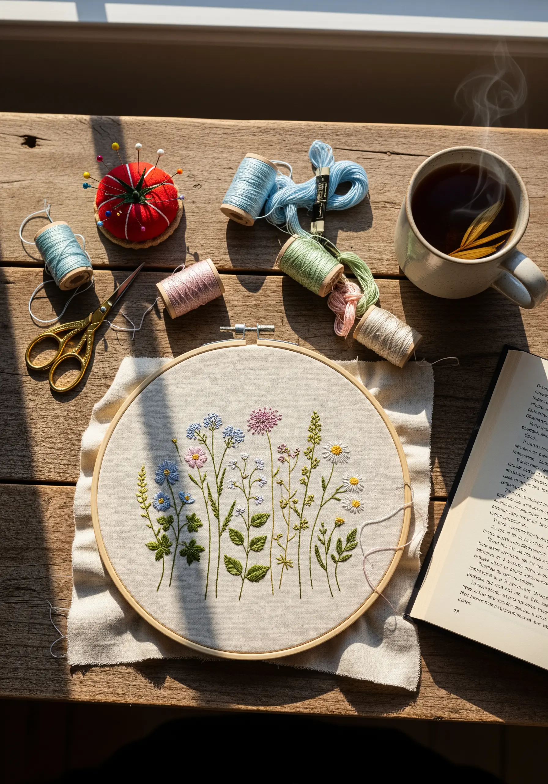 Embroidery hoop with a delicate wildflower meadow stitched on light fabric