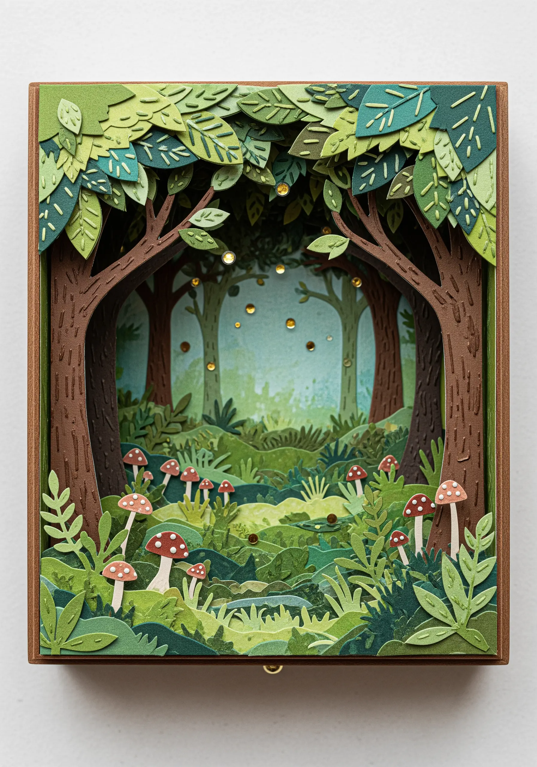 A 3D papercut diorama of a magical forest scene with trees, mushrooms, and tiny lights.