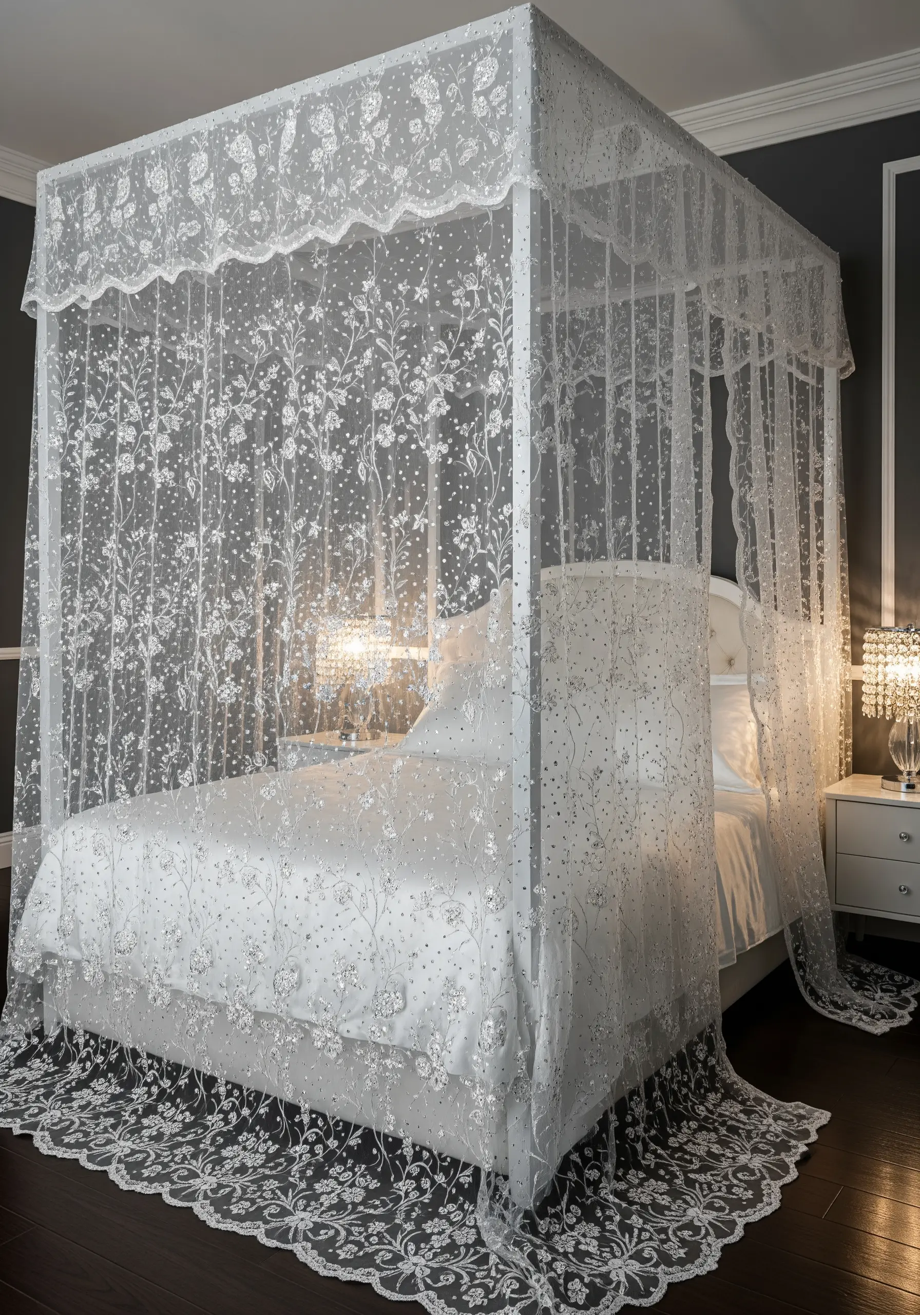A sheer white bed canopy intricately embroidered with silver thread, sequins, and sparkling beads.
