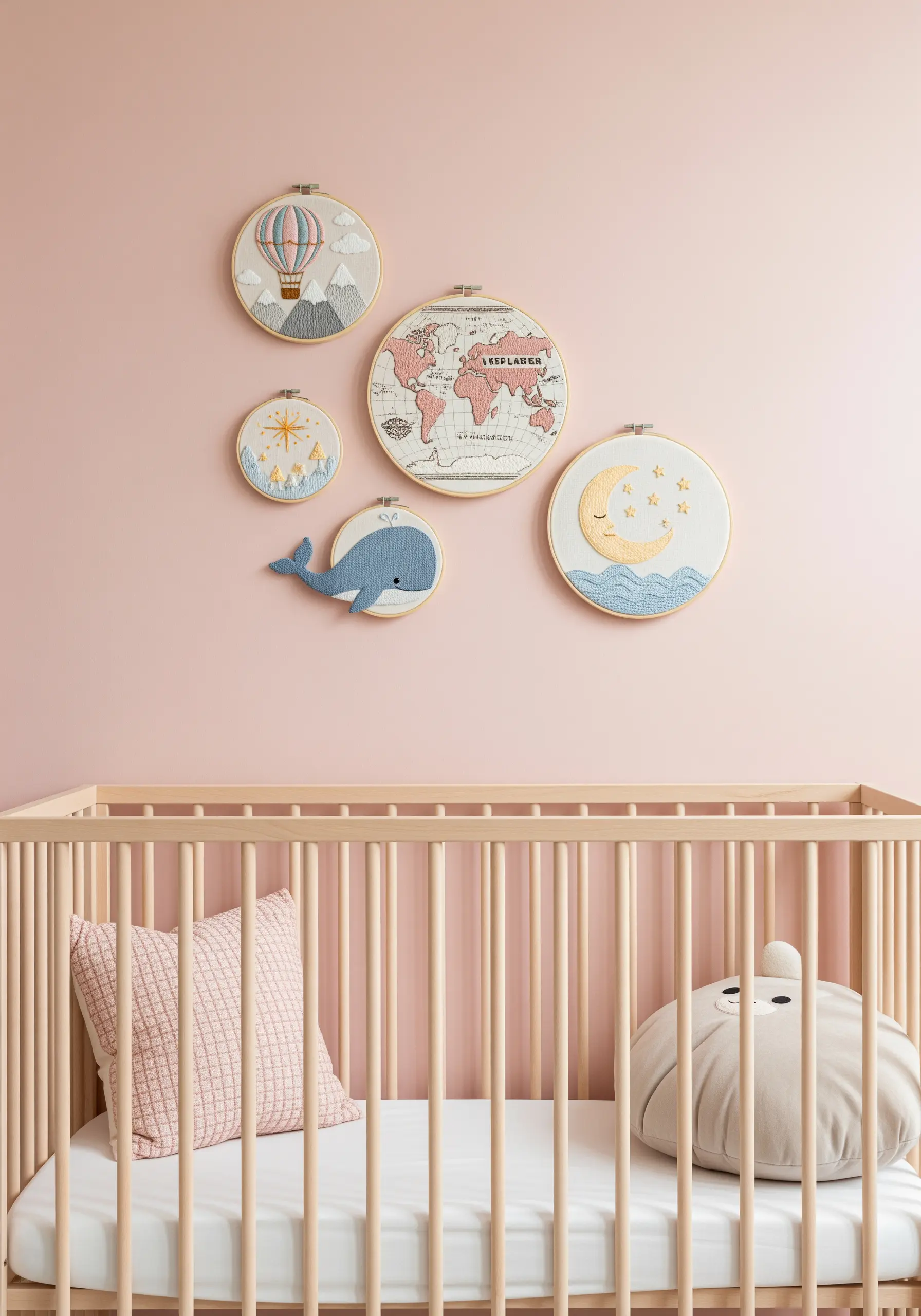 A whimsical collection of travel and celestial-themed embroidery hoops above a baby's crib.
