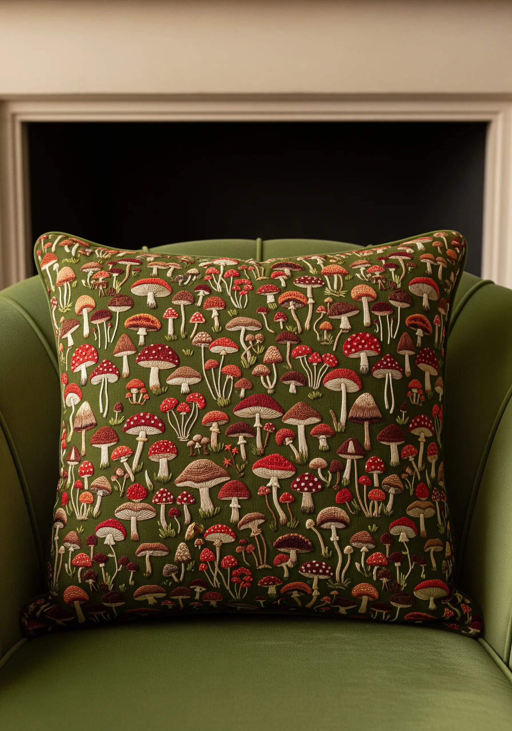 An all-over pattern of various embroidered mushrooms on a dark green cushion.