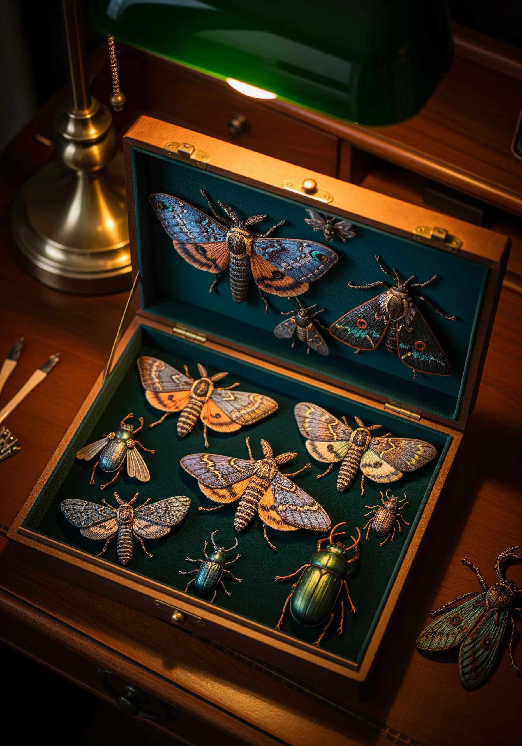 A collection of hyper-realistic embroidered moths and beetles in a display case.