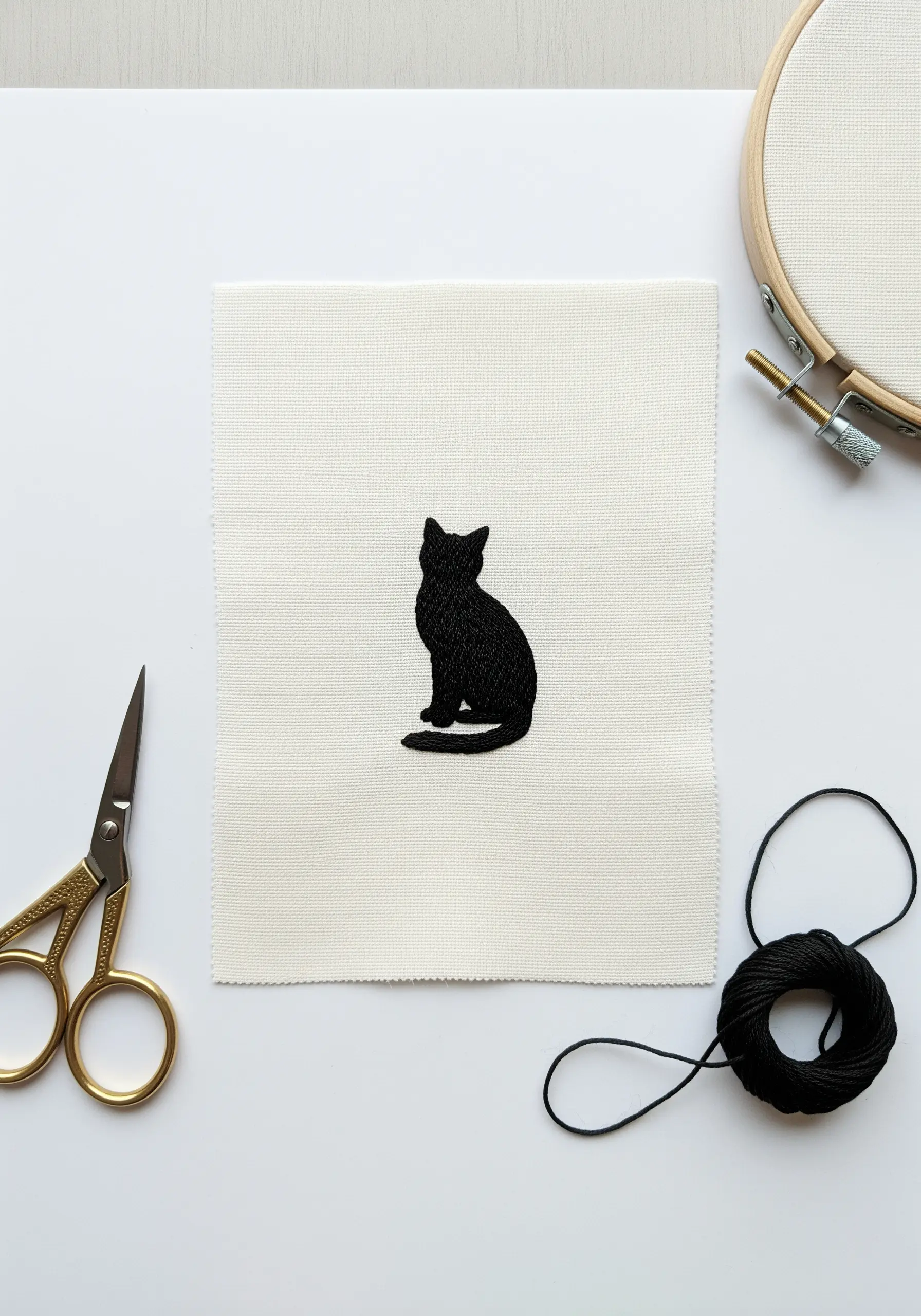 A solid black cat silhouette filled with perfectly smooth satin stitch on white Aida cloth.
