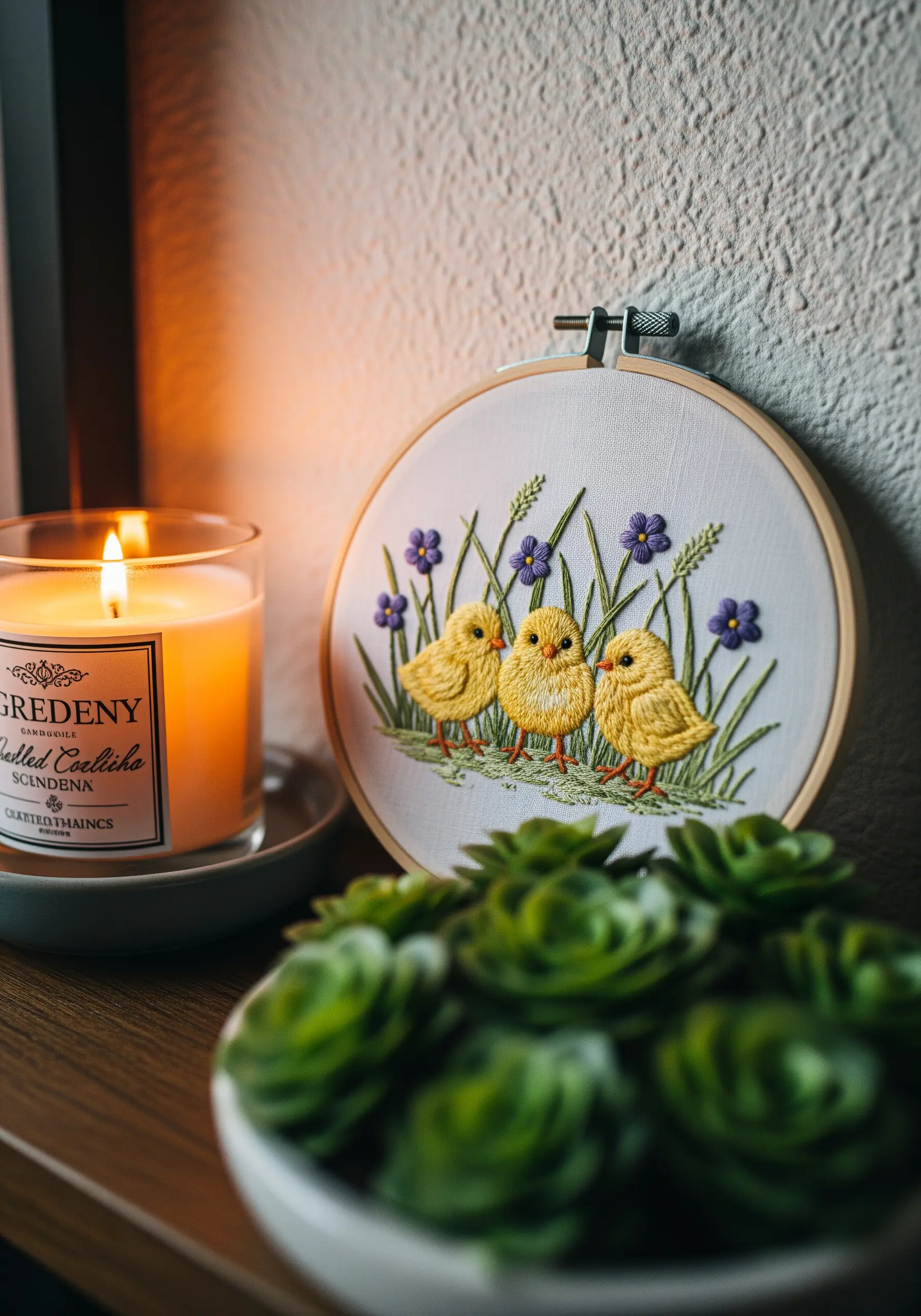 Three fluffy yellow chicks embroidered with dense French knots to create a soft texture.