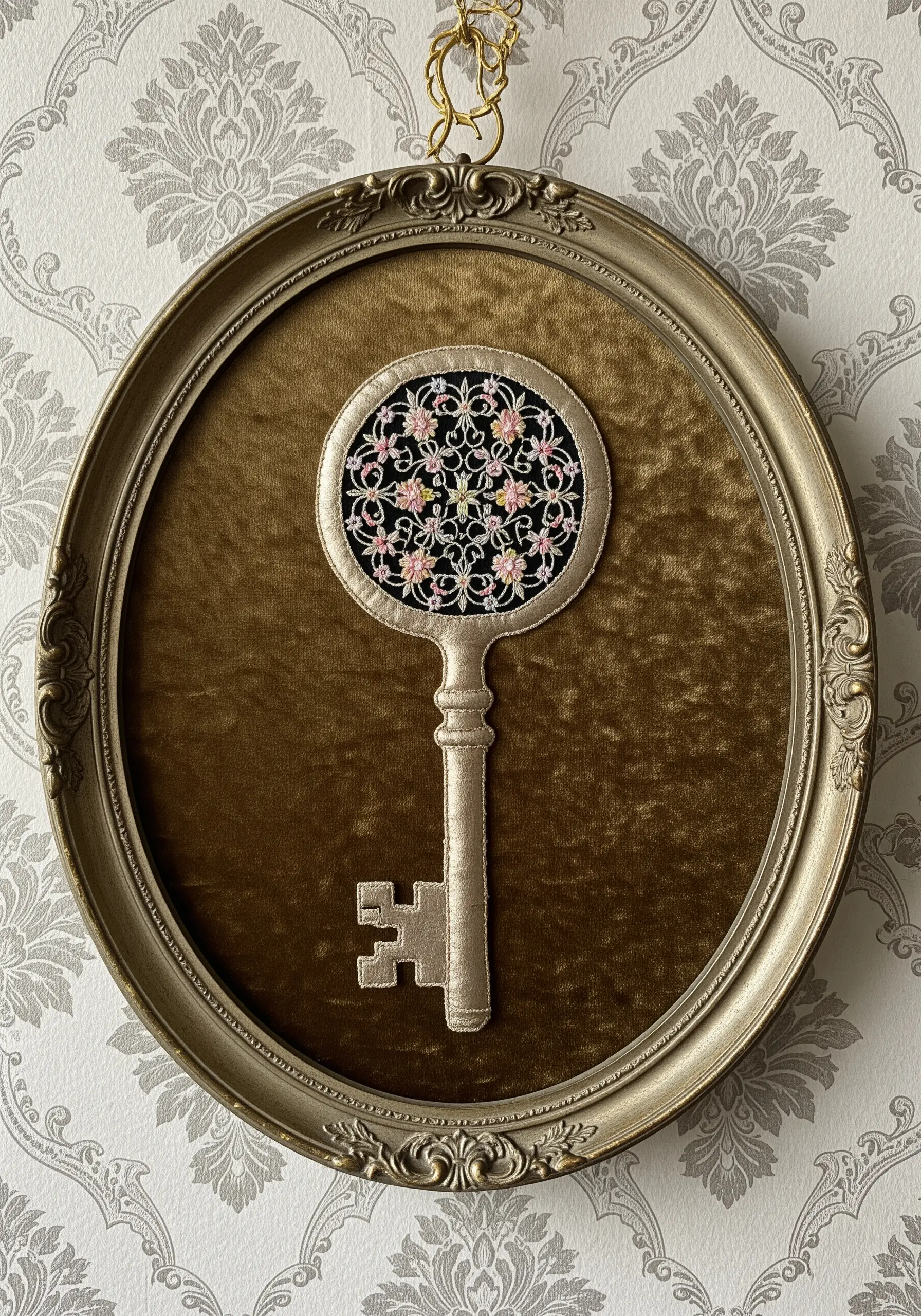 An appliquéd gold key with intricate floral embroidery inside, framed on velvet.