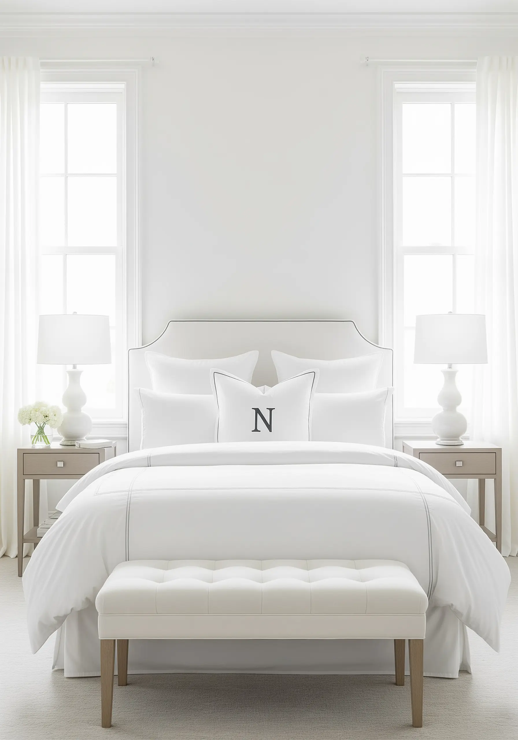 A single pillow with a dark initial 'N' and piped edge in an all-white, serene bedroom.