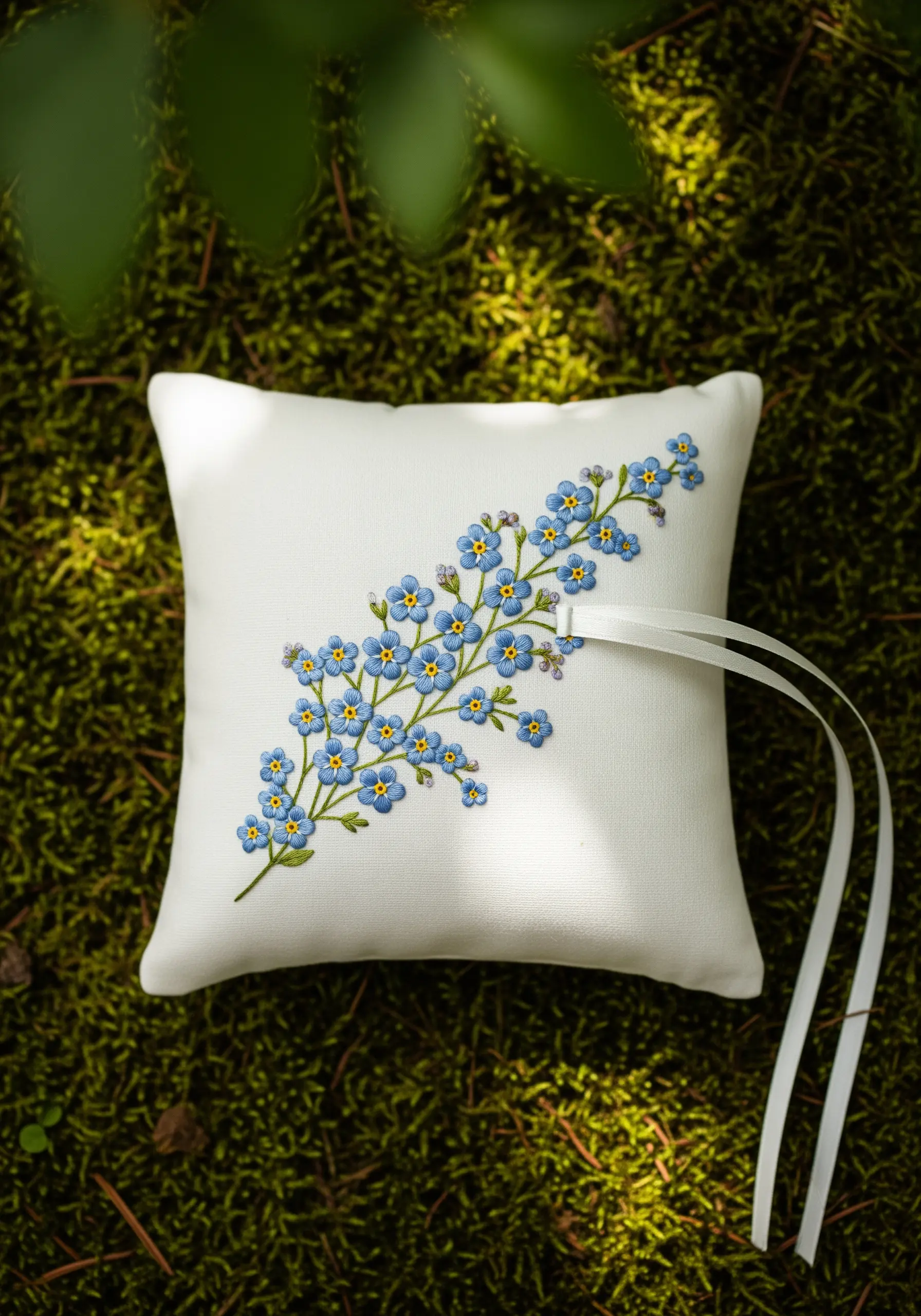 A small white ring bearer's pillow embroidered with a sprig of blue forget-me-nots.