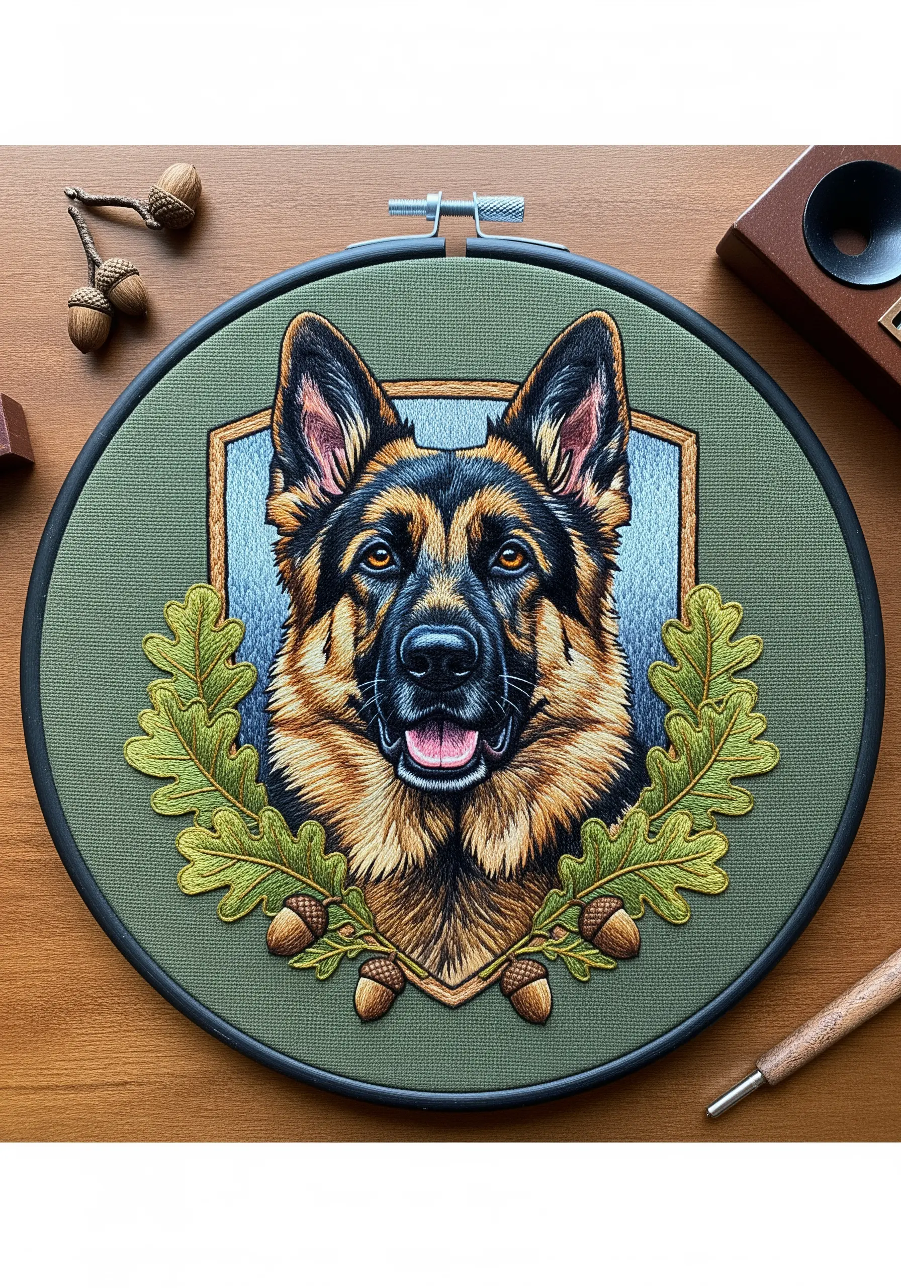 Formal embroidered portrait of a German Shepherd inside a shield, framed with oak leaves.