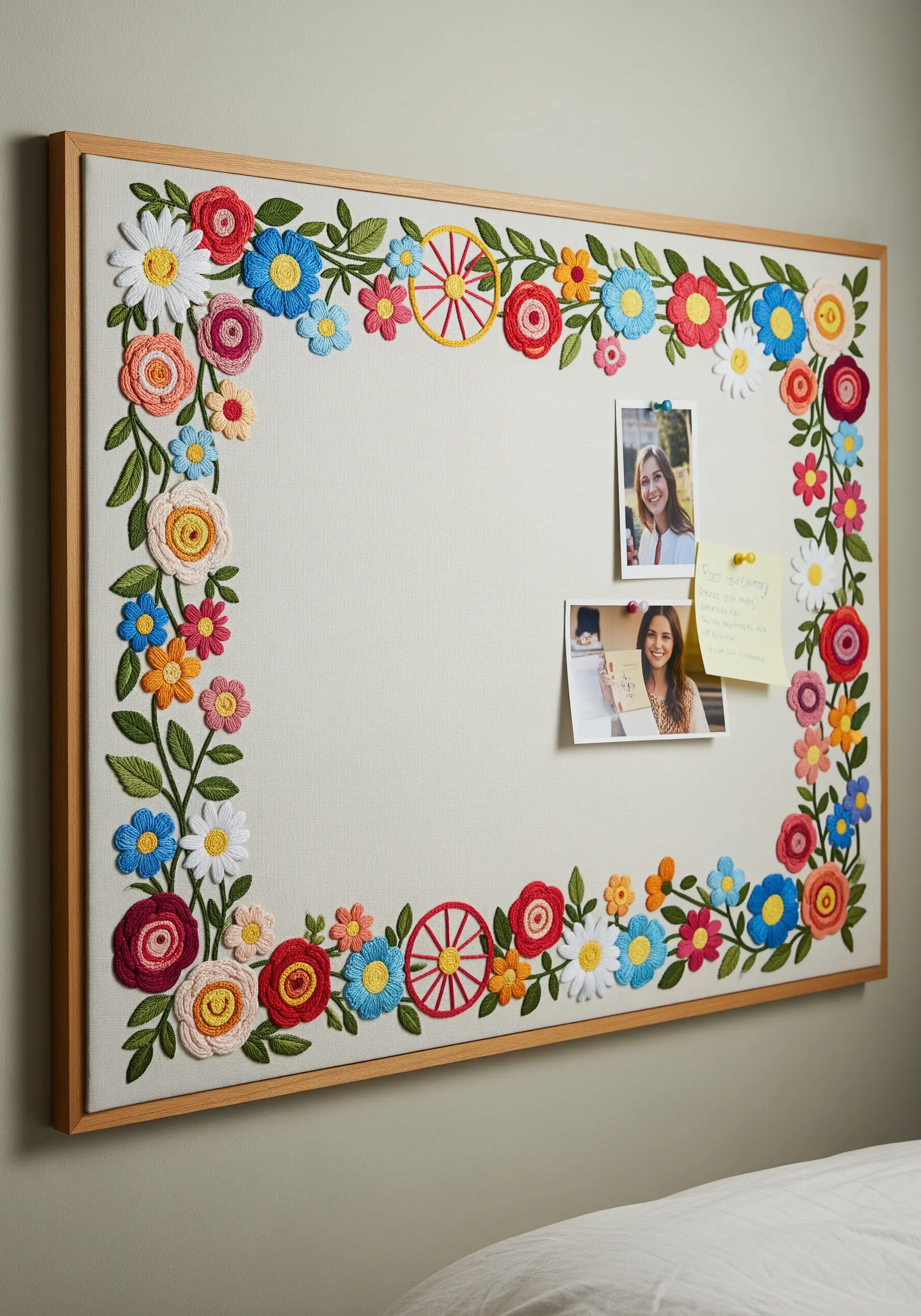 A fabric-covered bulletin board framed with a vibrant border of dimensional embroidered flowers.