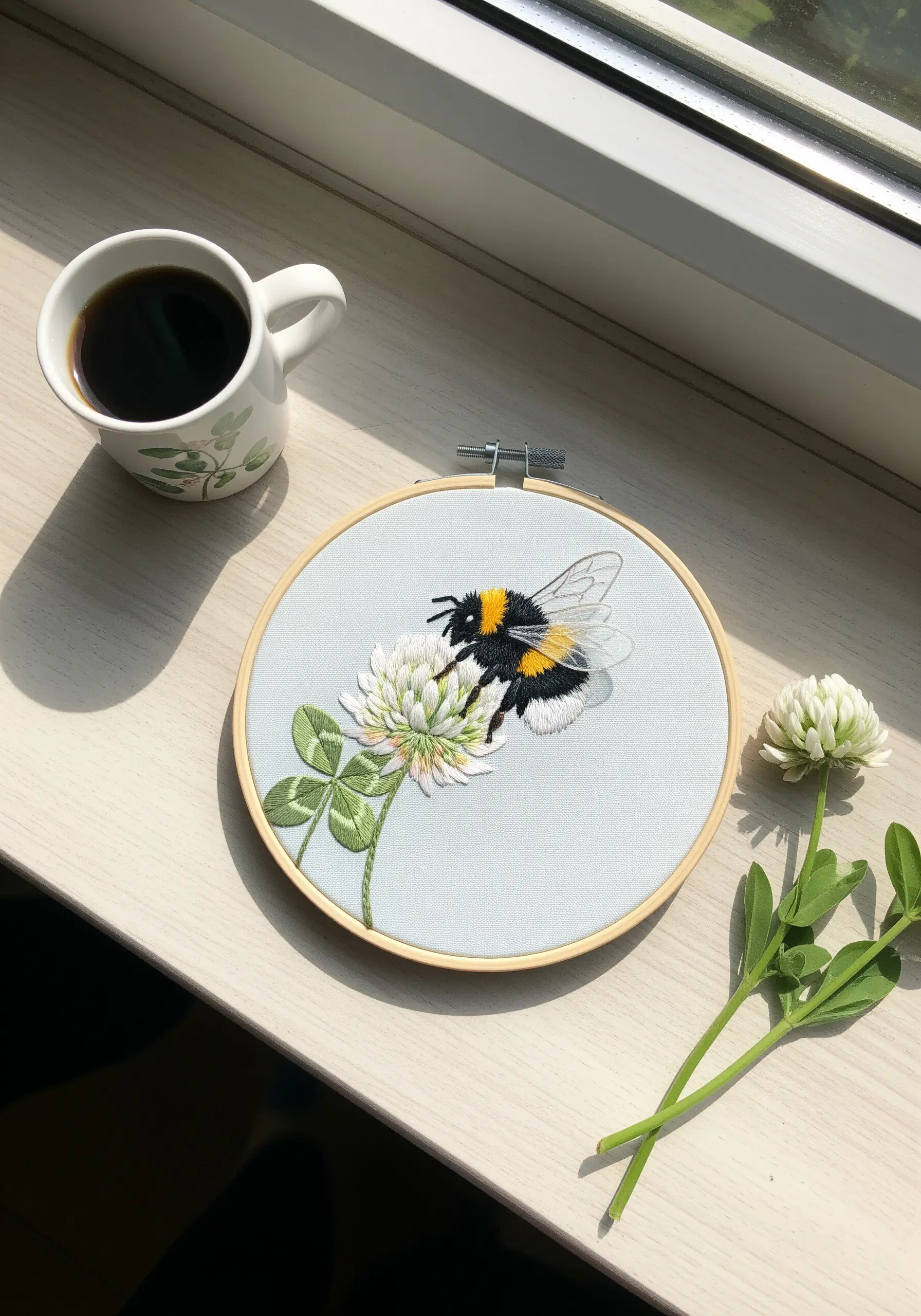 Realistic bumblebee embroidery with a fuzzy body and delicate wings on a clover flower.