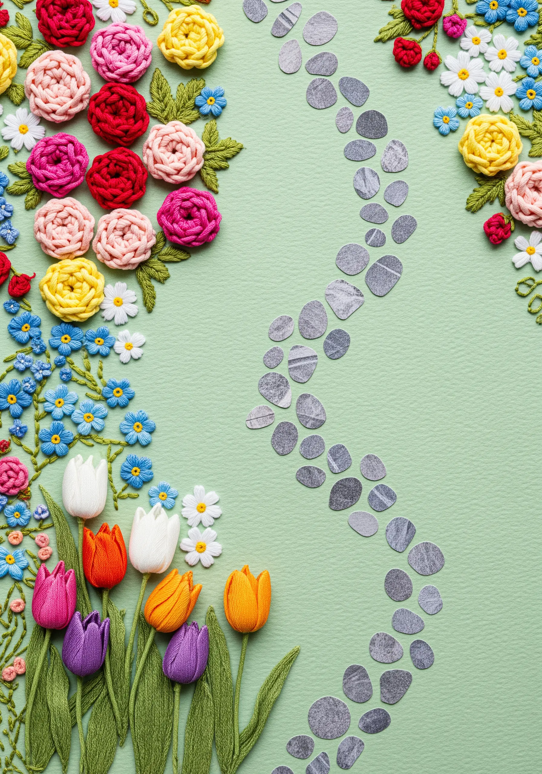 A garden scene with 3D embroidered flowers bordering a curving path made of paper stones.
