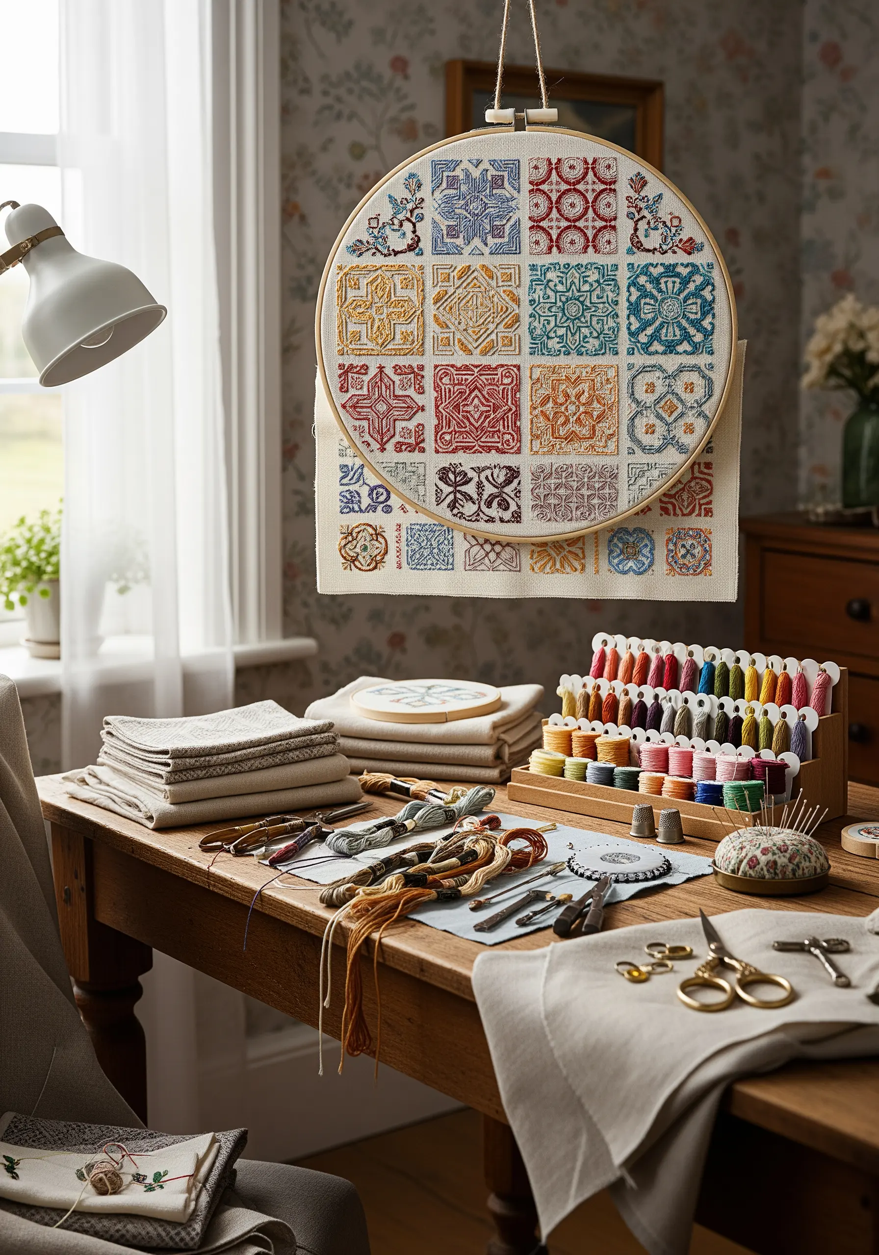 A large embroidery hoop filled with a grid of colorful, geometric tile-like patterns.