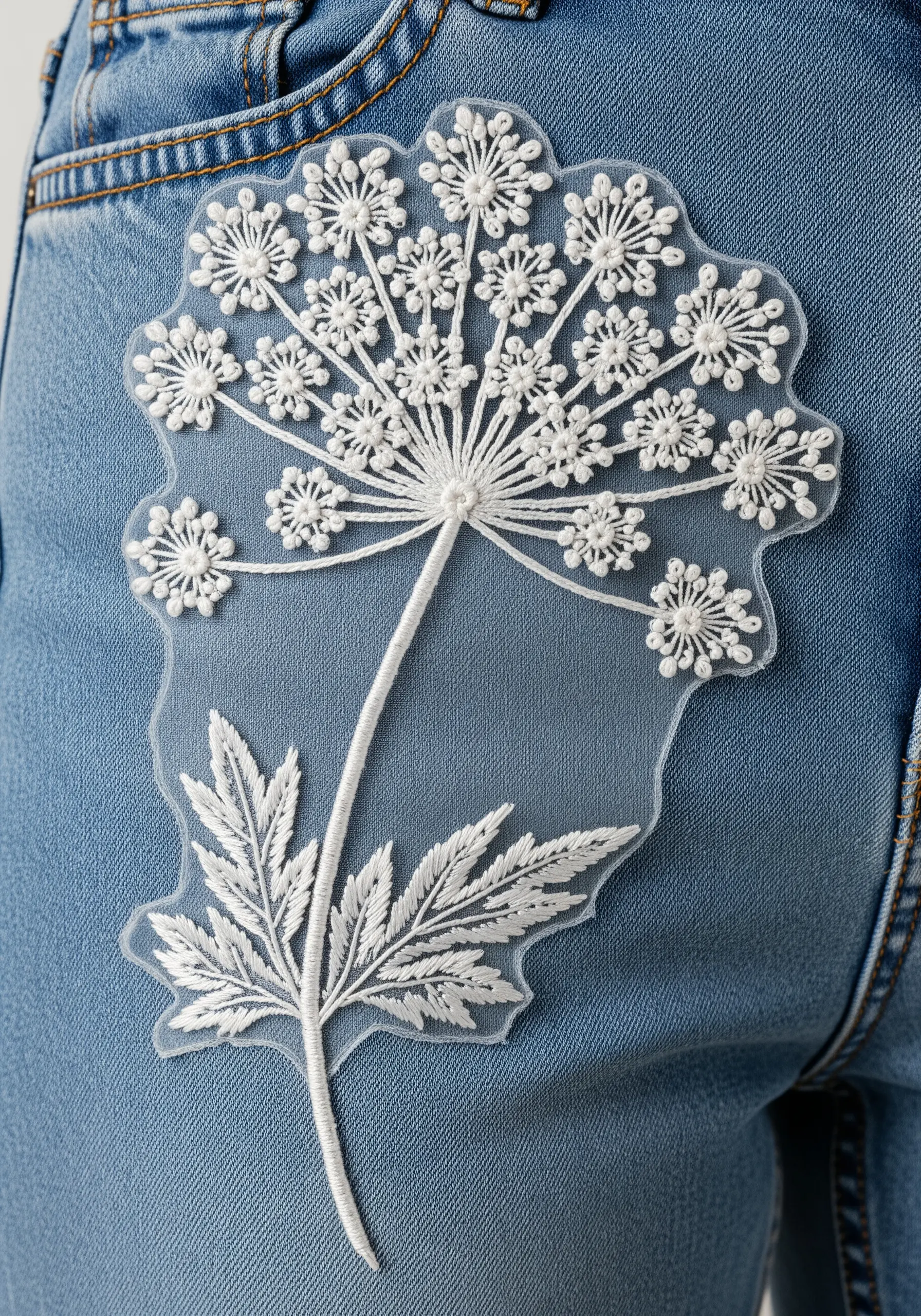 Delicate white Queen Anne's lace embroidered on sheer organza and appliquéd onto blue jeans.
