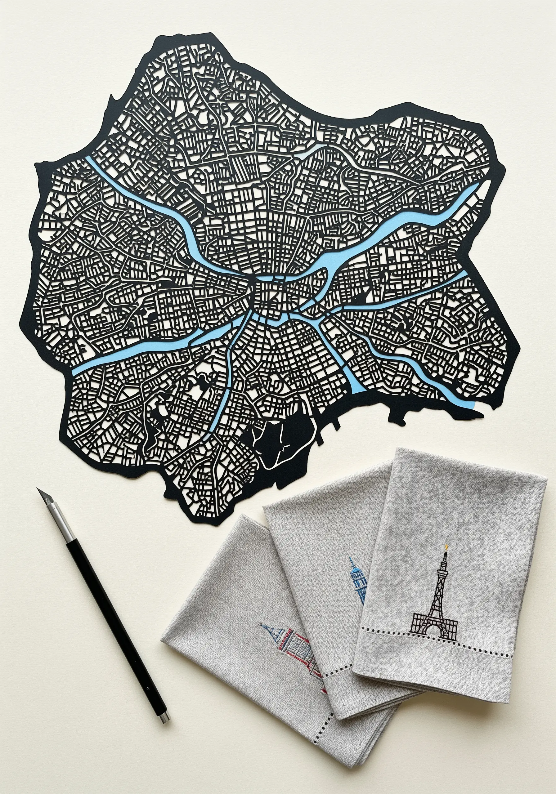 Embroidered napkins of city landmarks paired with an intricate paper-cut city map.