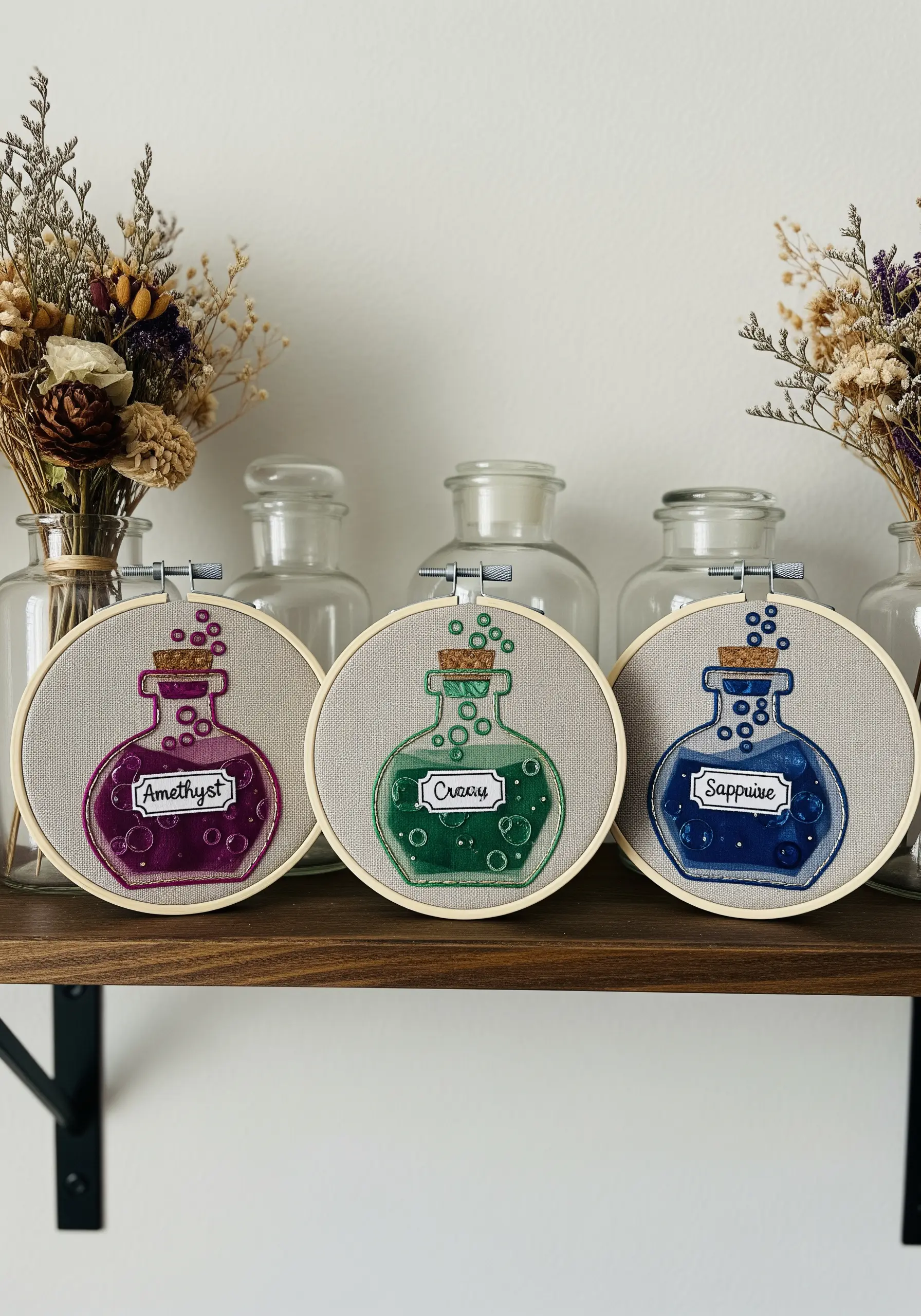 Three embroidered potion bottles using organza overlay for a glass effect.