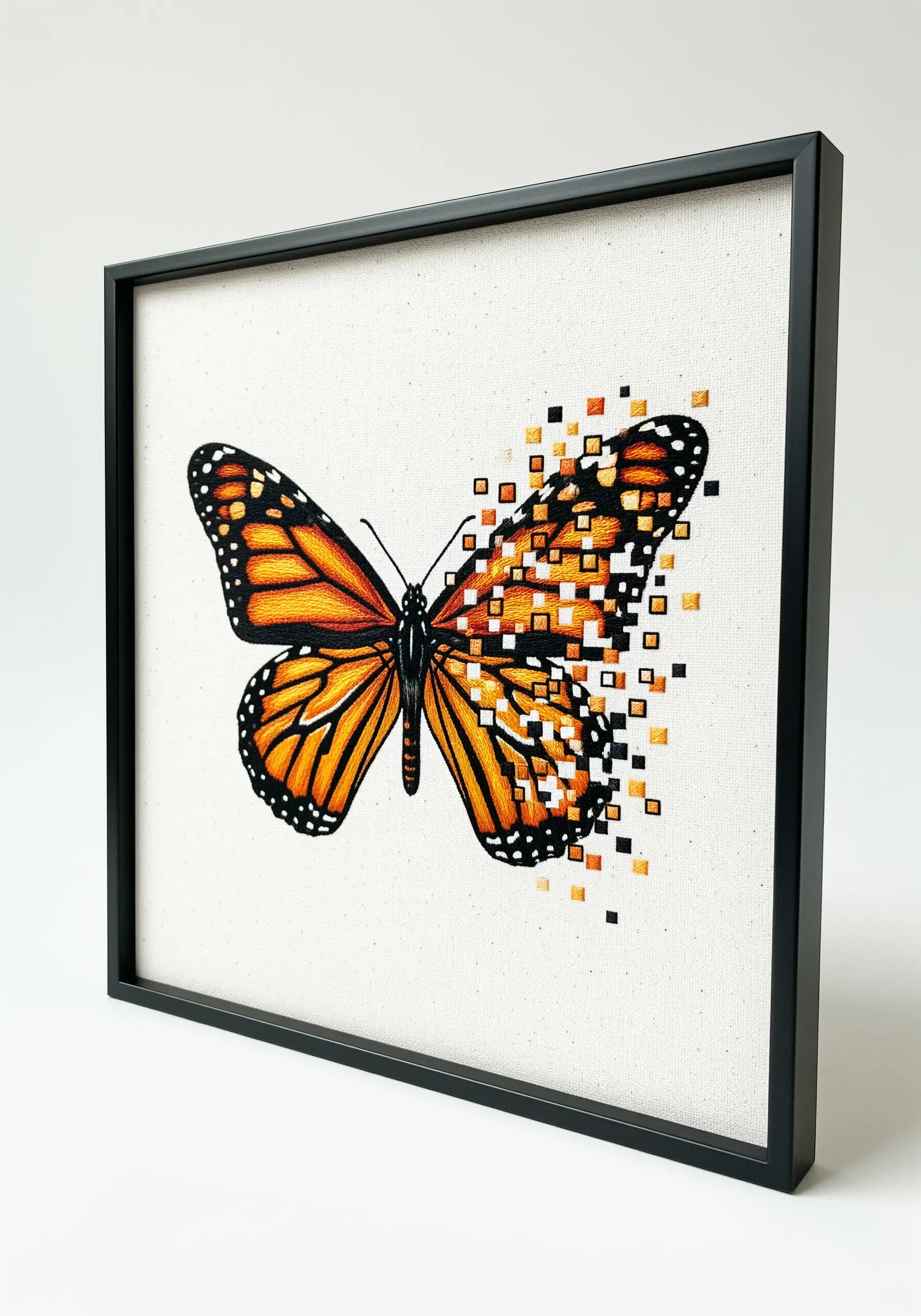Embroidered monarch butterfly with one wing dissolving into pixel art squares.