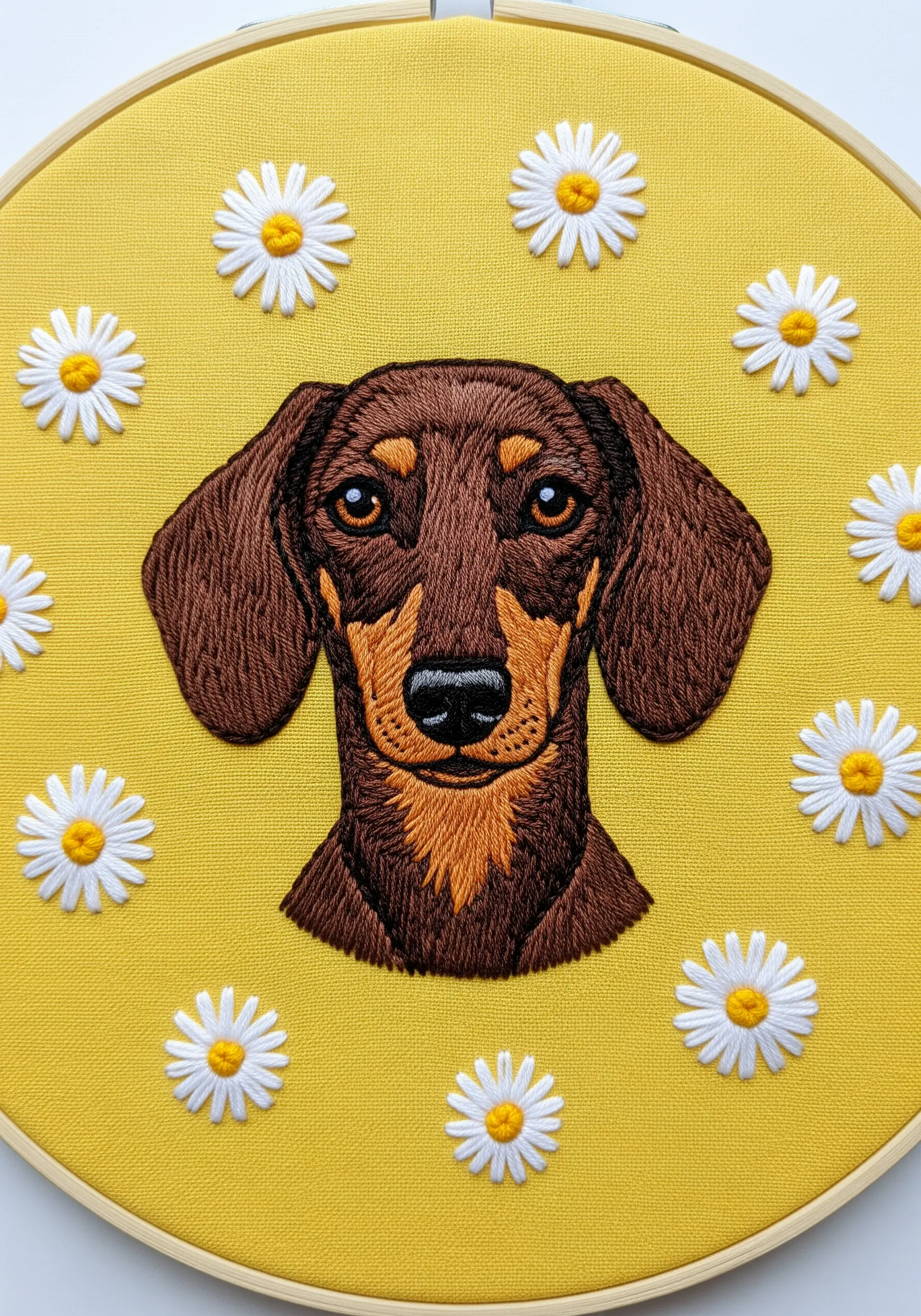 Embroidered Dachshund portrait on a bright yellow background scattered with small white daisies.