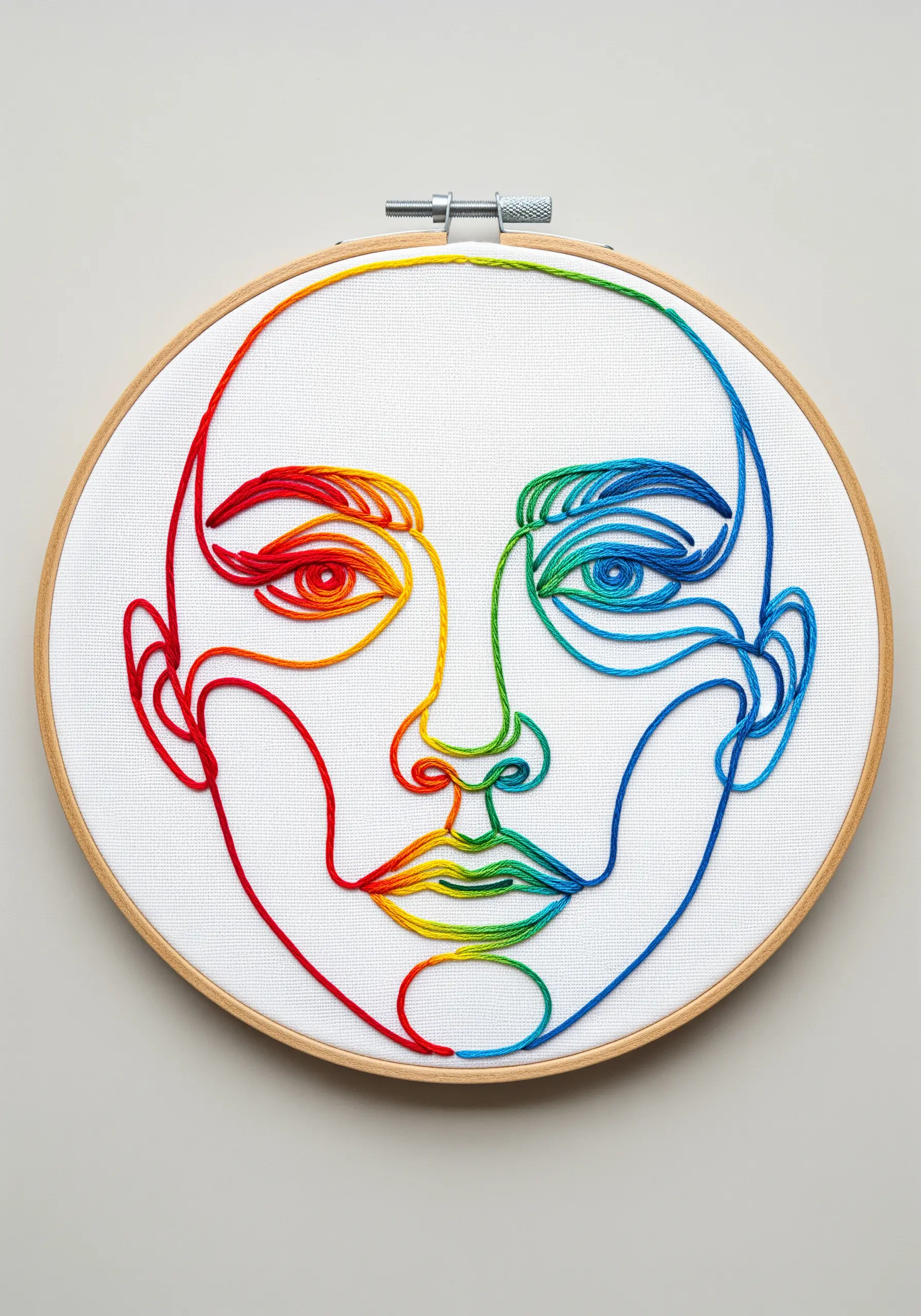 Line-art portrait where the thread color transitions through a rainbow gradient.