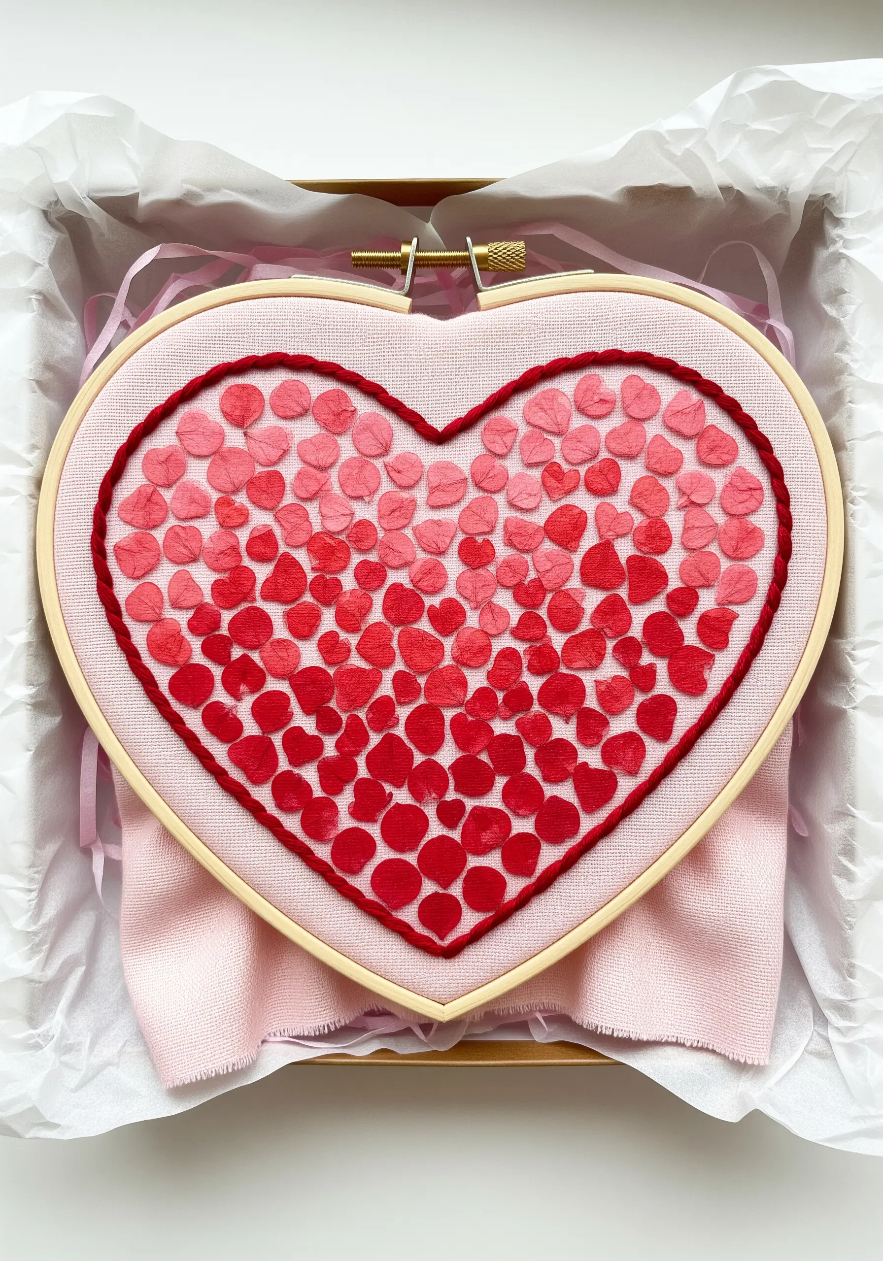 A heart-shaped embroidery hoop filled with a mosaic of tiny red and pink pressed flower petals.