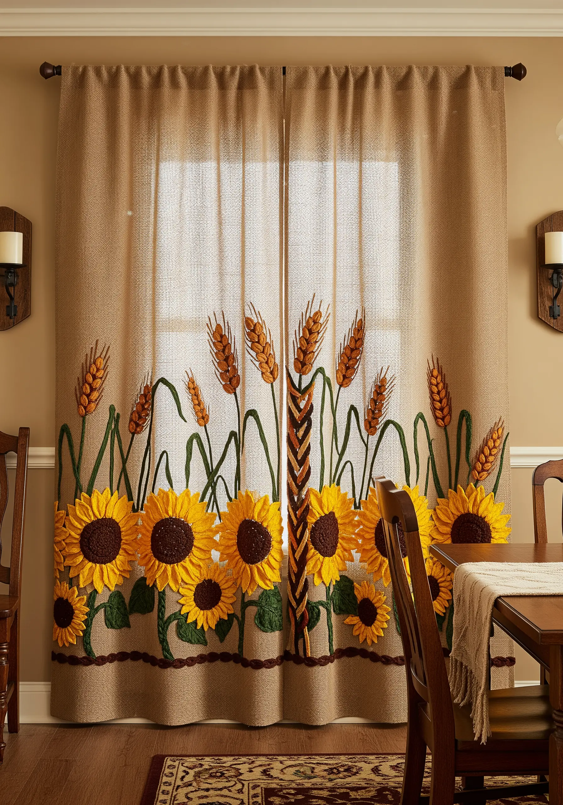 A harvest border of sunflowers and wheat embroidered on rustic burlap curtains.