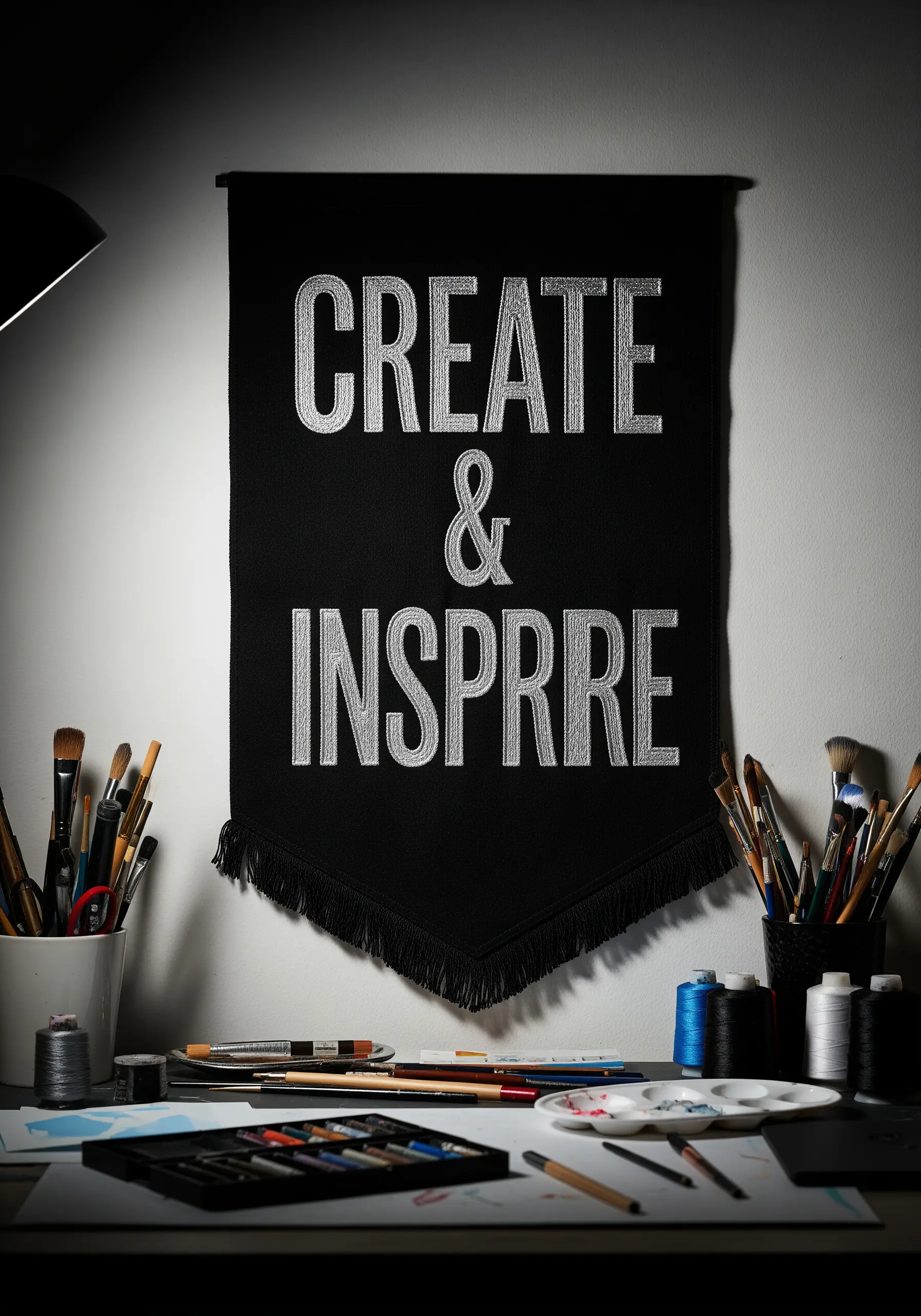 A black felt banner with 'CREATE & INSPIRE' embroidered in silver thread.