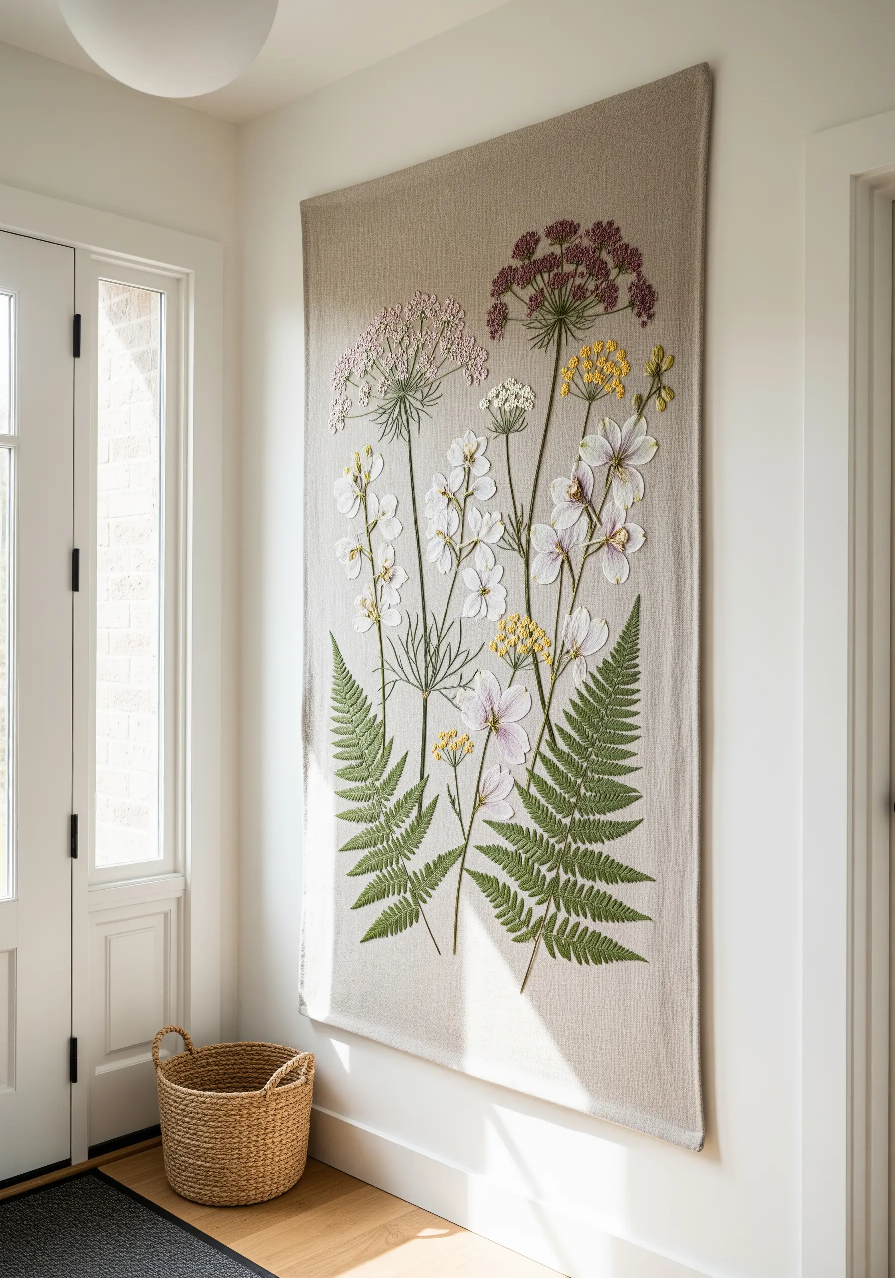 Large embroidered wall hanging featuring ferns and wildflowers in an entryway.