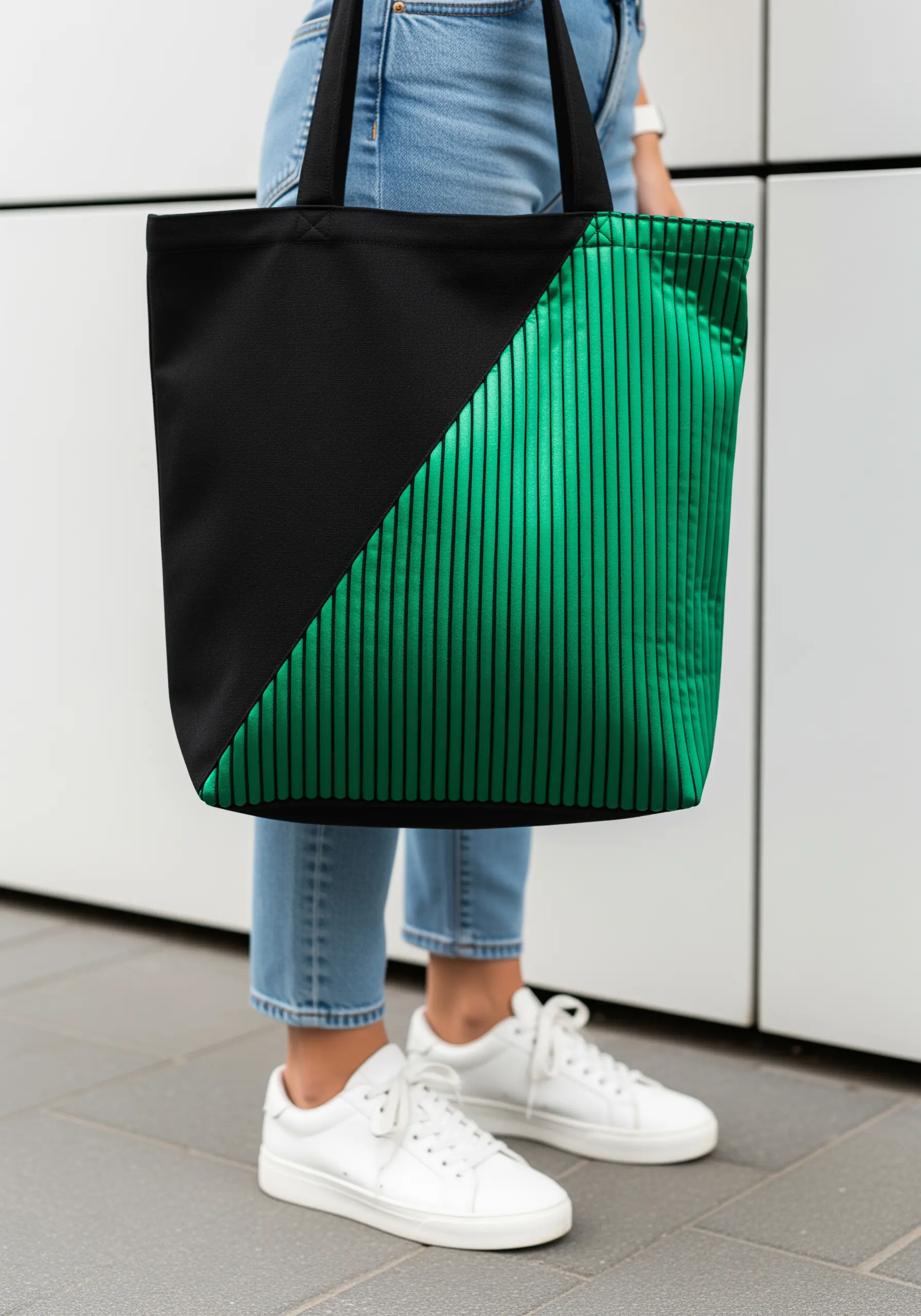 A tote bag diagonally split between black fabric and shiny, vertical green satin stitches.
