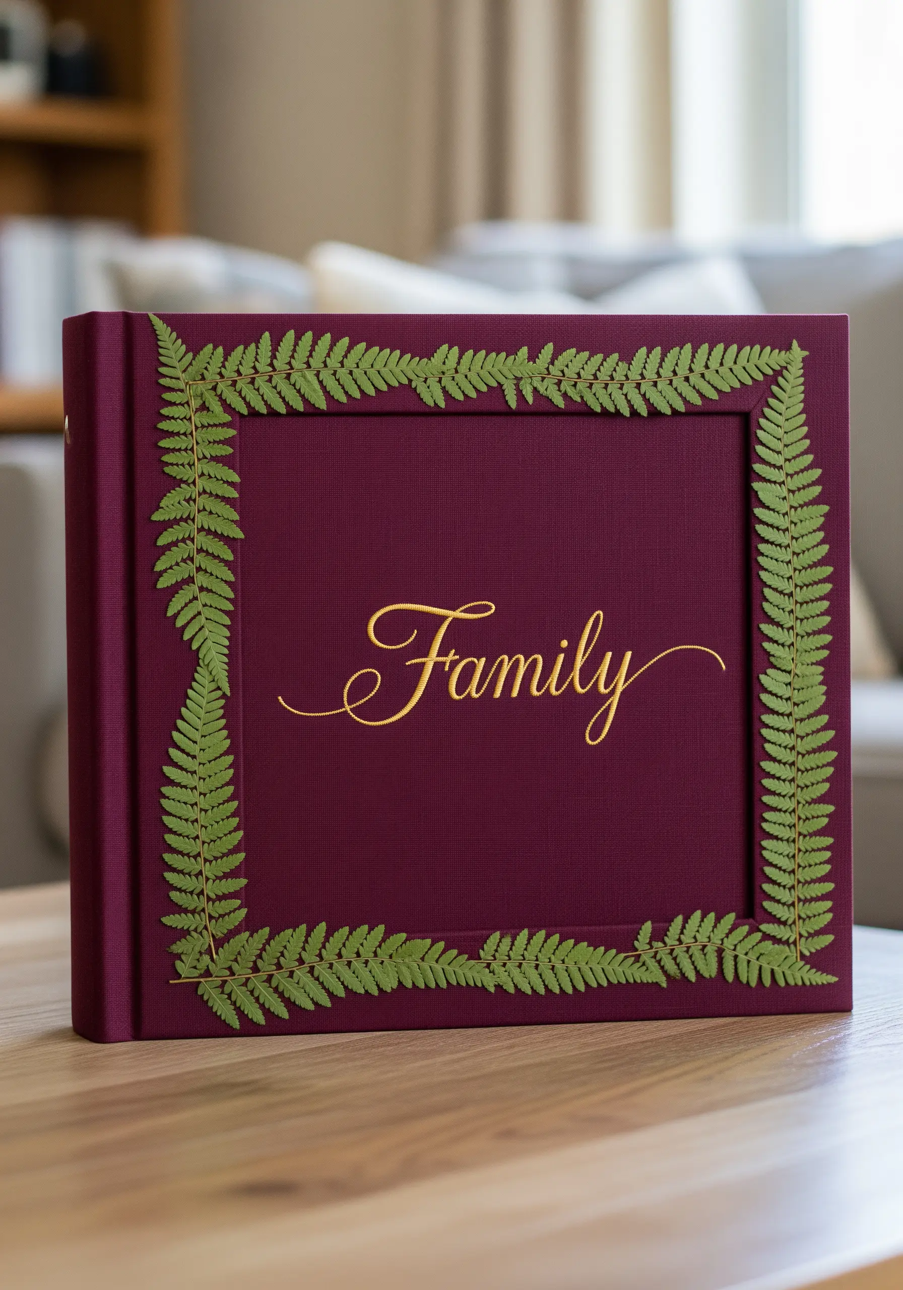 An album with the word 'Family' embroidered in gold, framed by a border of pressed fern leaves.
