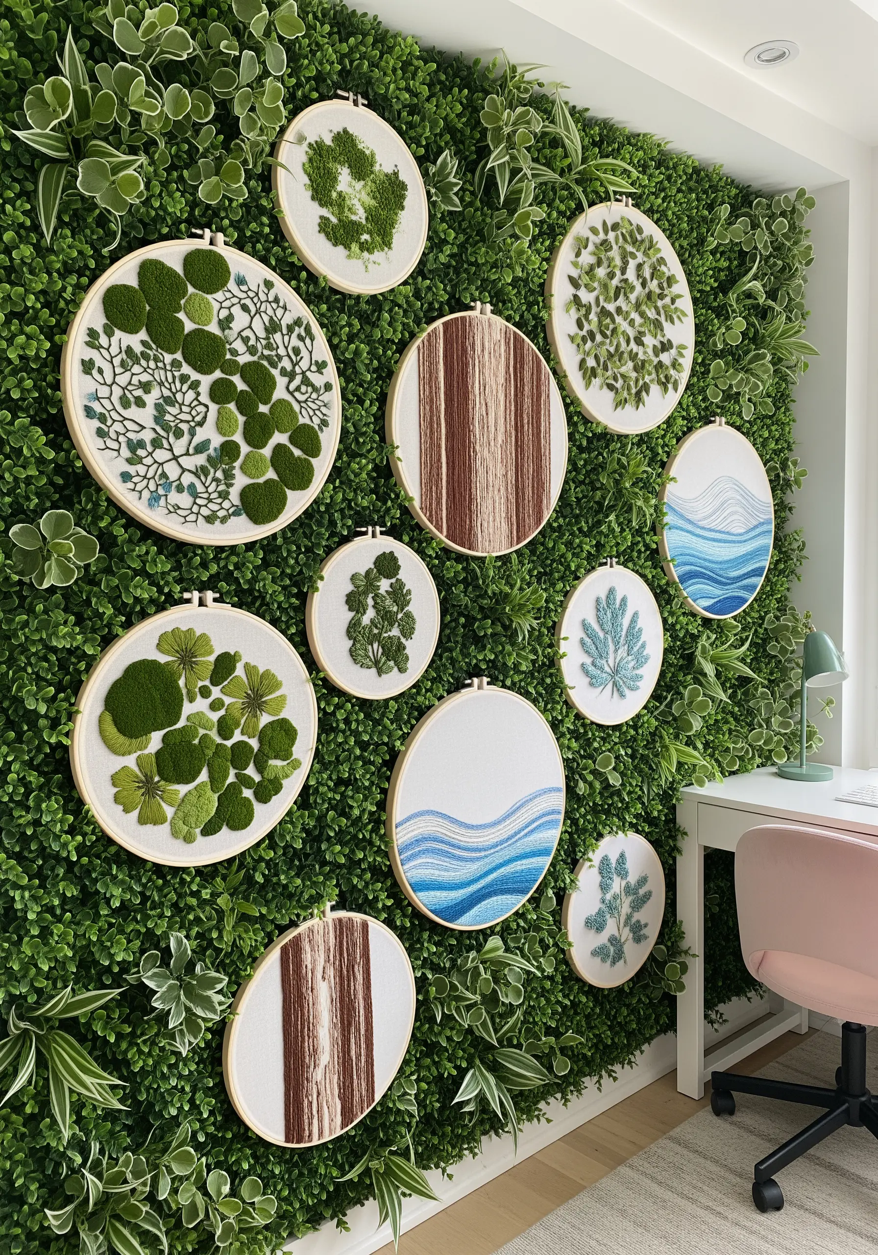 A collection of nature-inspired embroidery hoops displayed on a faux green wall.