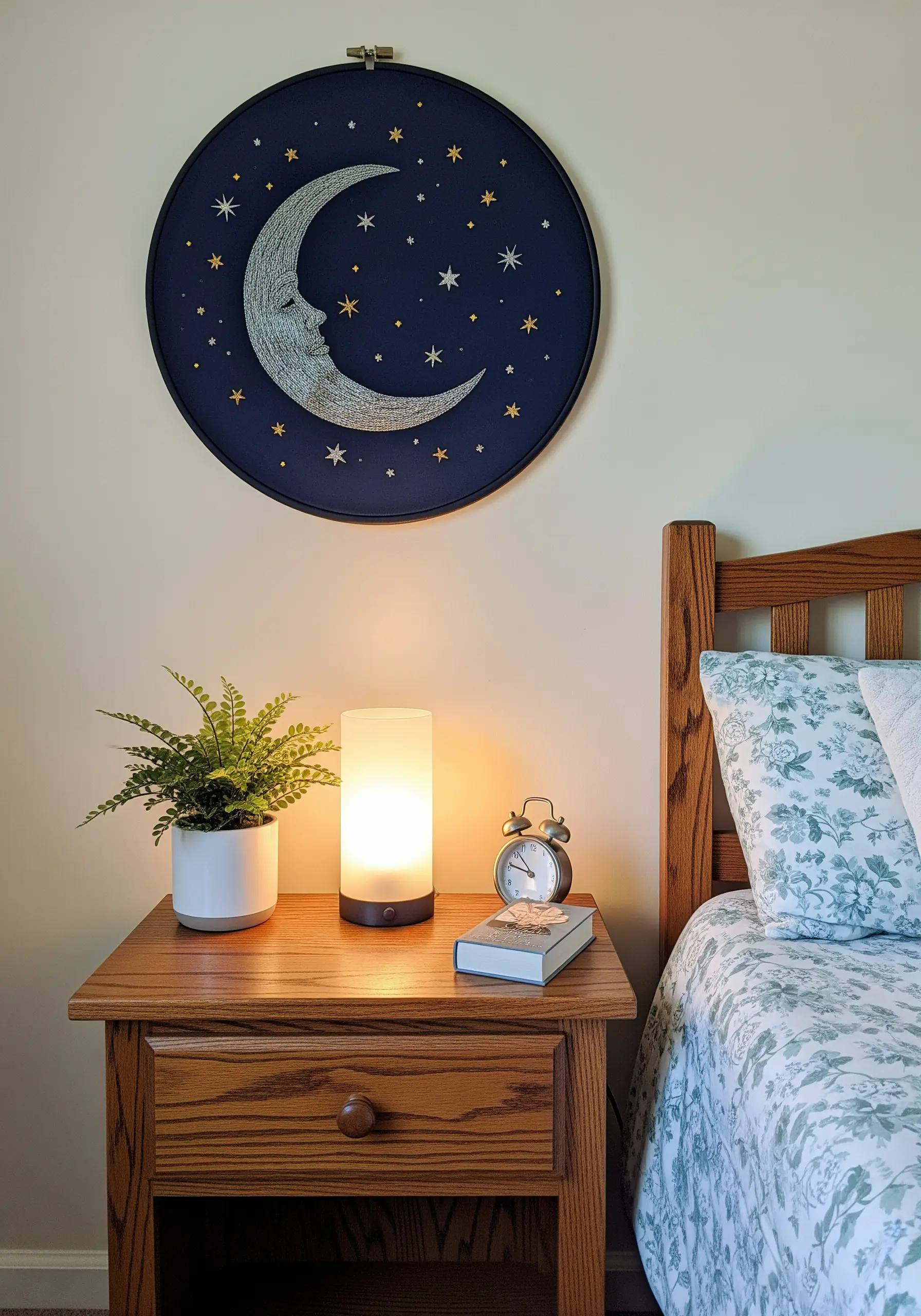 Large embroidery hoop on a bedroom wall showing a crescent moon and stars in a night sky.