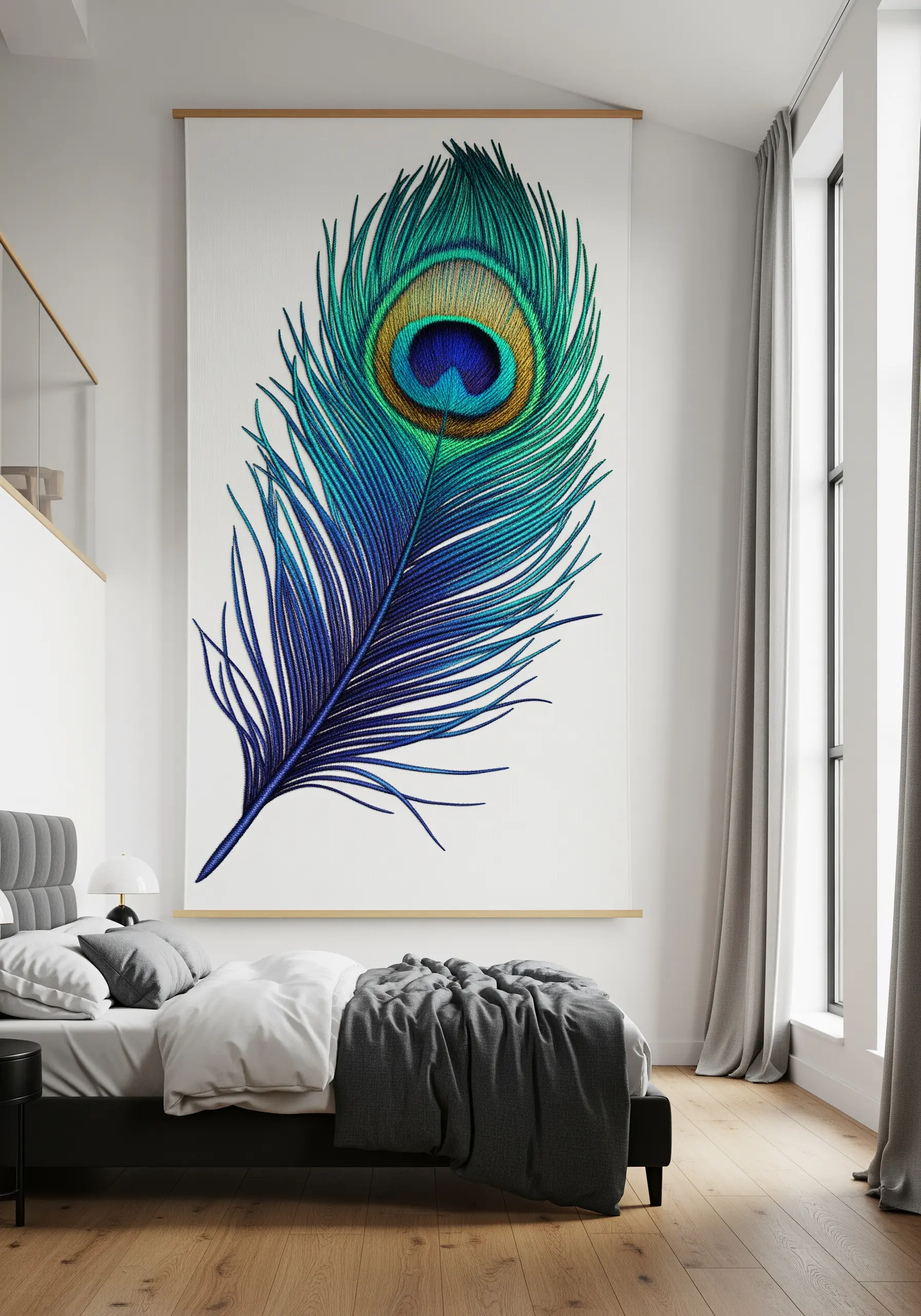 A large wall hanging with a detailed, vibrant embroidery of a single peacock feather.